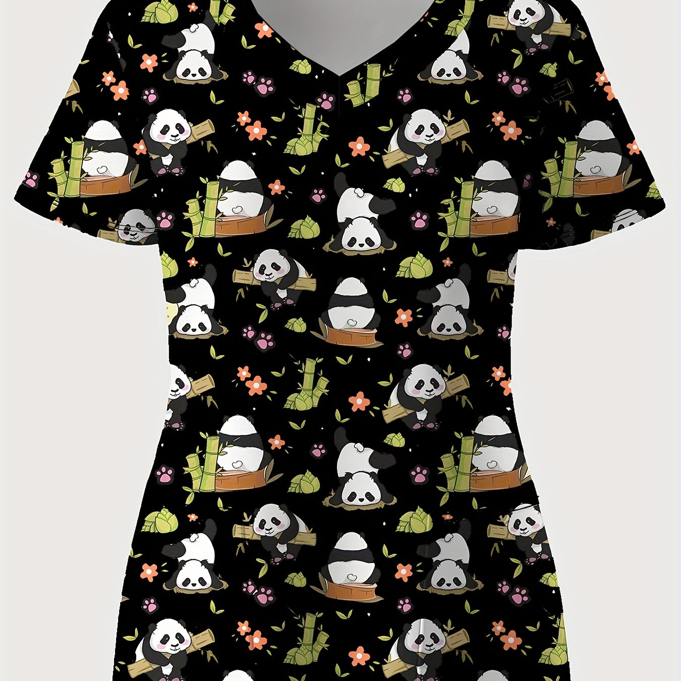 TEMU Plus Size, Plus Size Women's V-neck Short Sleeve Top - Cute Panda Floral Print, Dual , Comfortable Casual Spring Summer Autumn Uniform, Fun ,