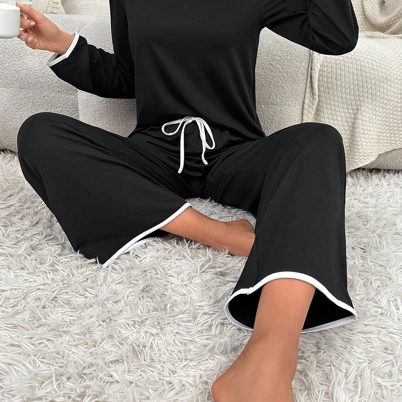 Women' Color Small V-neck Long Sleeve + Front Tie Bow Trousers Pajama Set