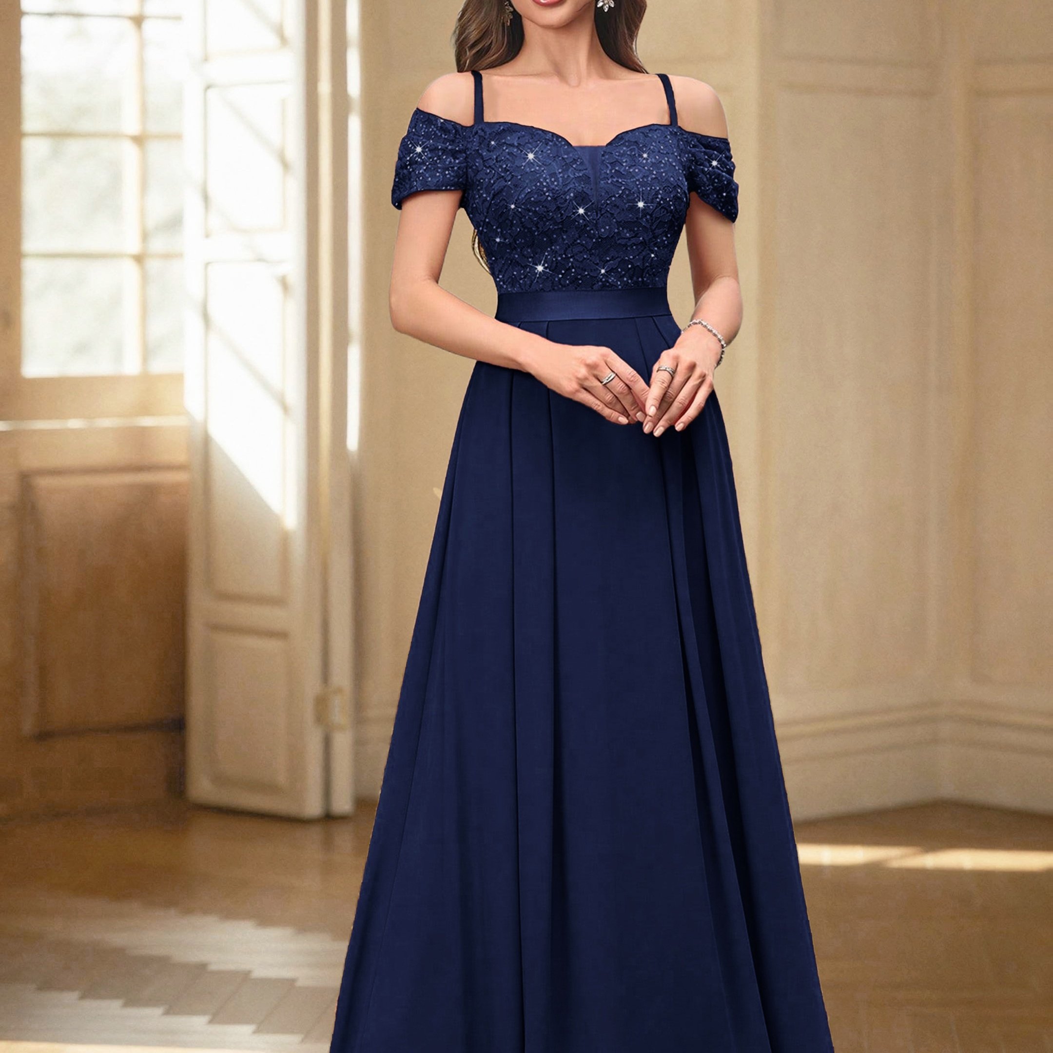 Ladies' Sequined Lace Waist-cinching Spaghetti Strap Dress
