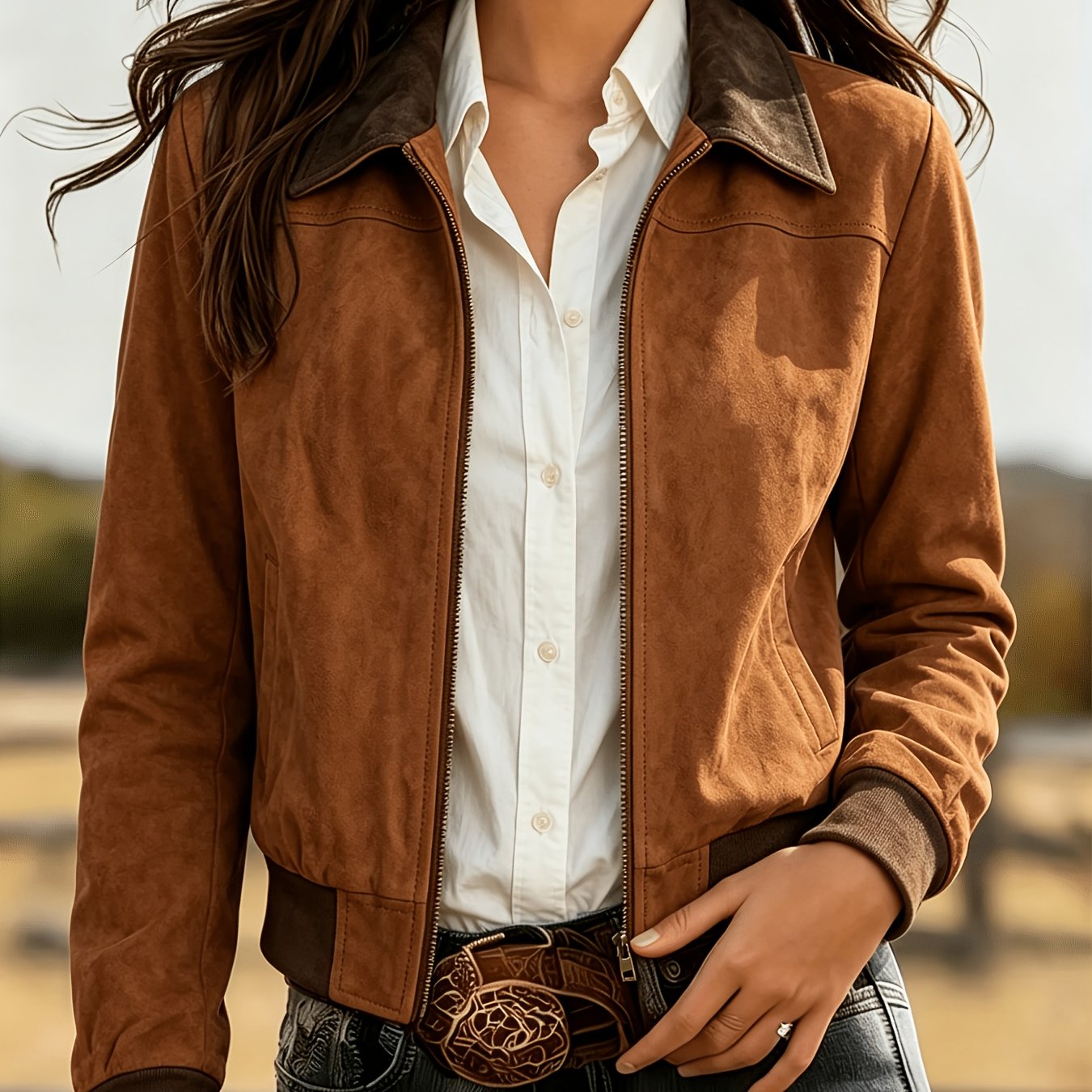 Women's Brown Long-sleeve Jacket, Western Vintage Style, Zip-, Suitable For Multiple Autumn And Winter Outfits
