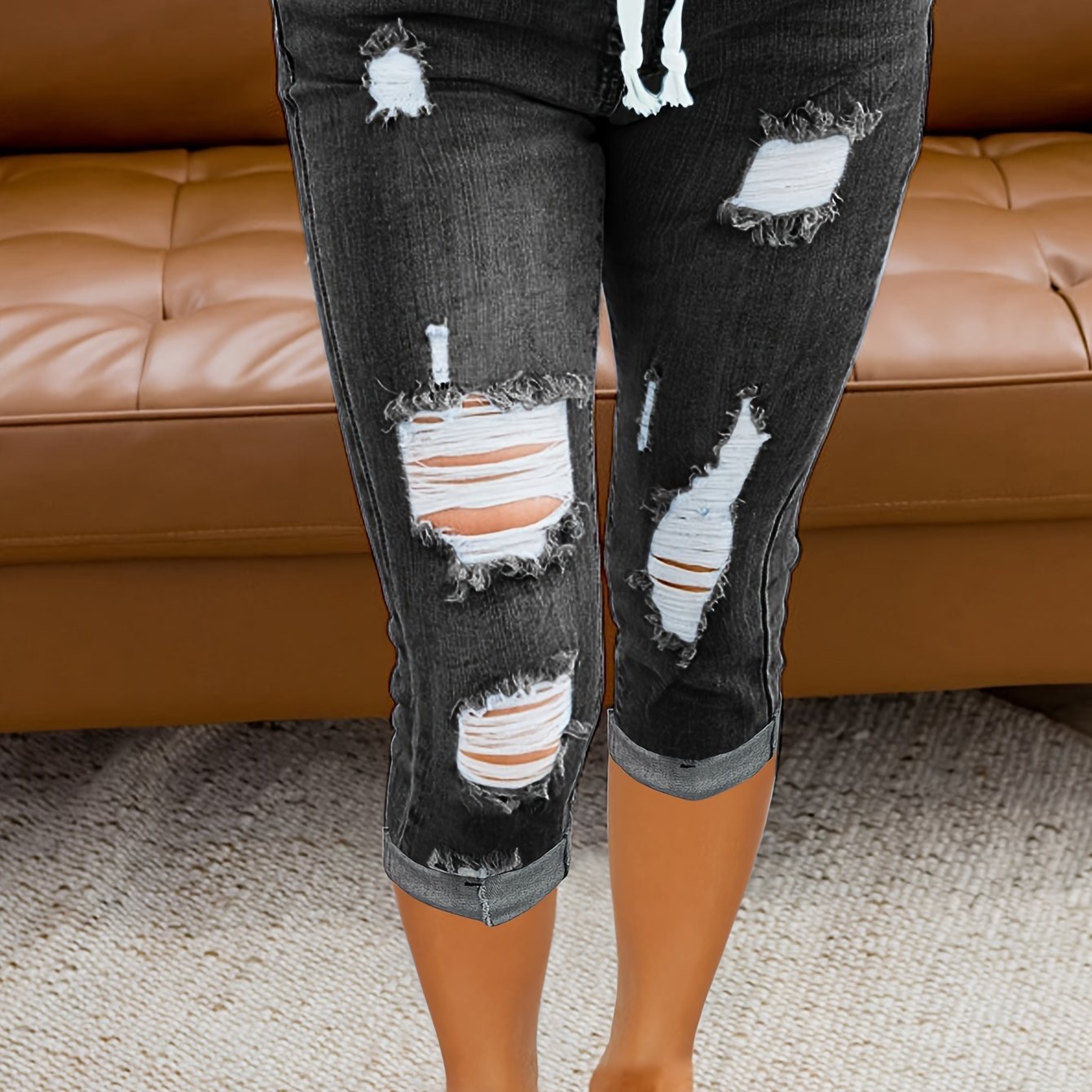 Image of Style Street Hipster Network Red Elastic Waist Drawstring Ripped Denim Medium Pants Women's Casual Slim Beach Pants