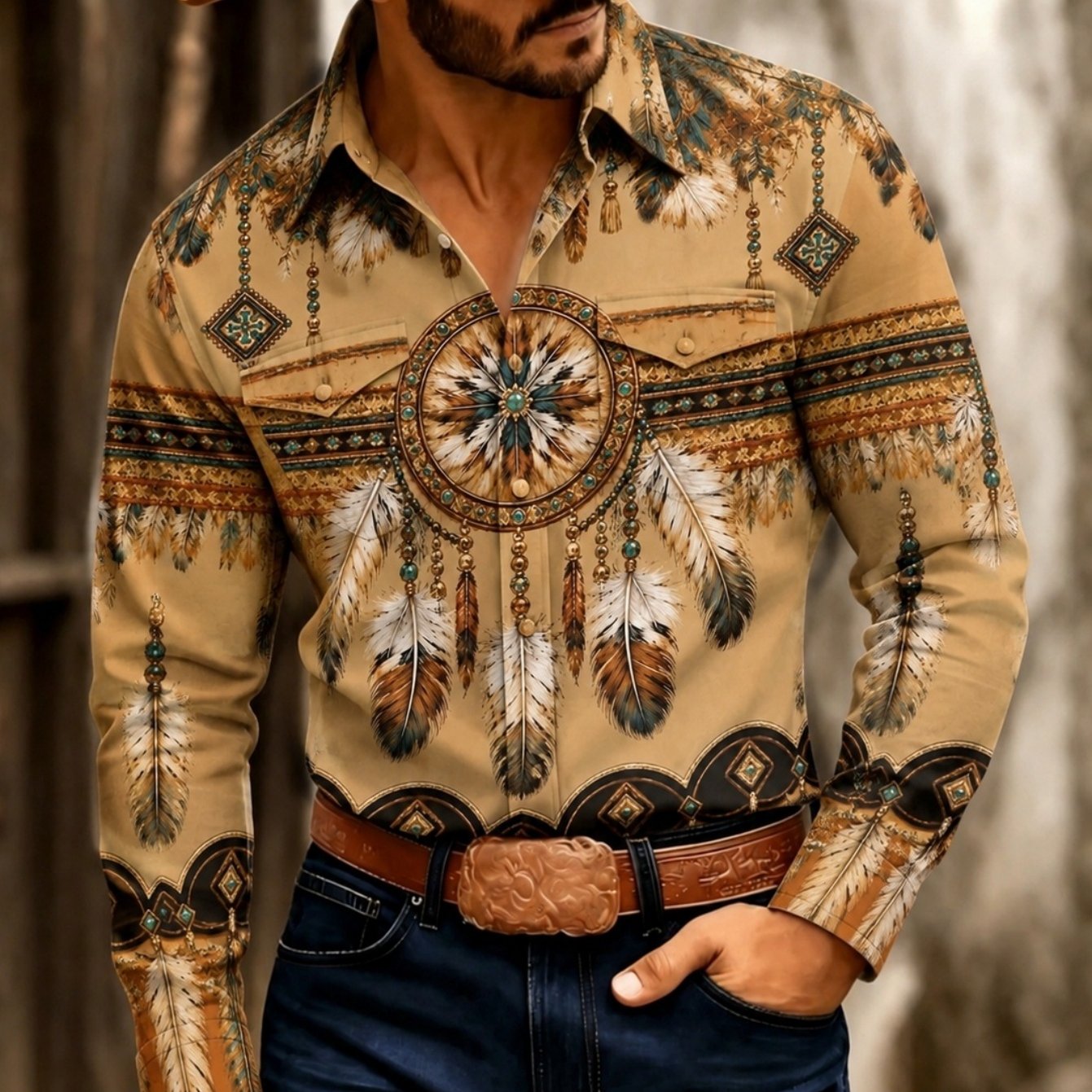 Men's Long Sleeve Shirt With Dual Pockets Western Vintage Local American Feather Totem Print Tops For Outdoor Daily Wear Casual Comfortable Male Blouse Fashion Gift For Boyfriend Father All