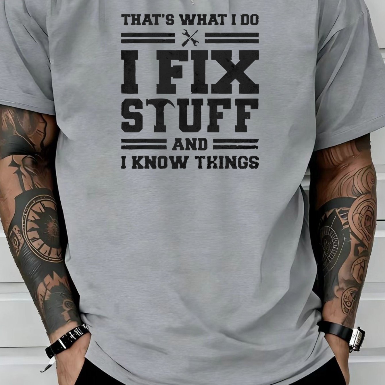 TEMU Men's Handyman Graphic T-shirt With " What I Do, I Fix Things" Quote - Workwear Short Sleeve Round Neck Casual Top, Breathable Suitable For ,