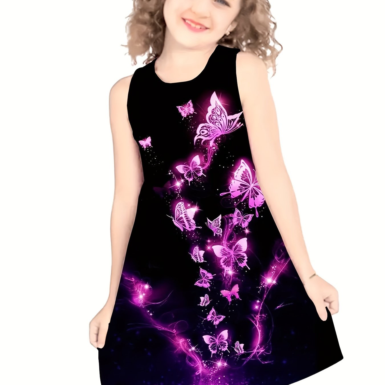 TEMU Dreamy Butterfly Print Dress Girls Casual Crew Neck Sleeveless Dresses For Summer Party