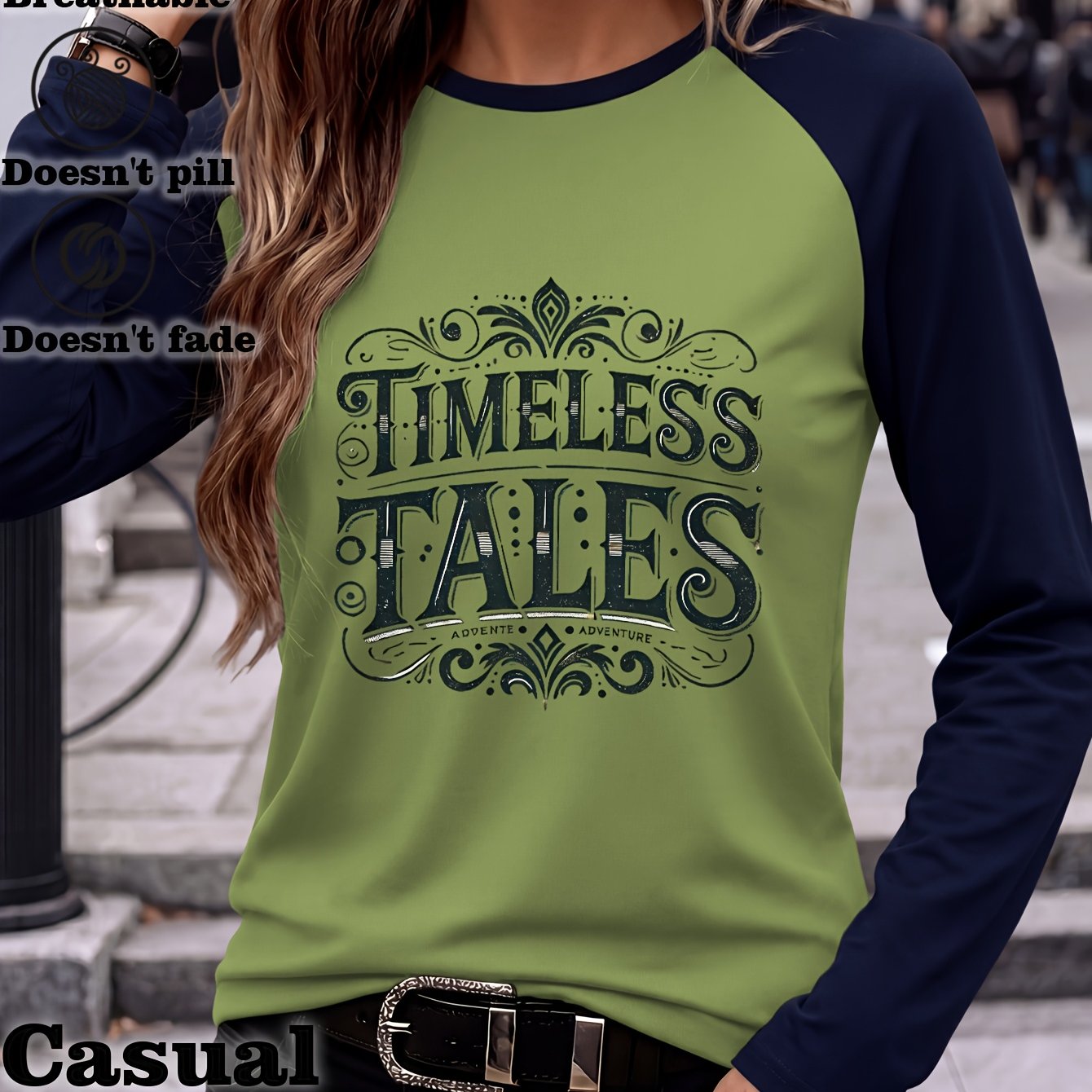 TEMU Women's Versatile Street Fashion Spring/autumn Printed Raglan Sleeve Long Sleeve T-shirt 2979