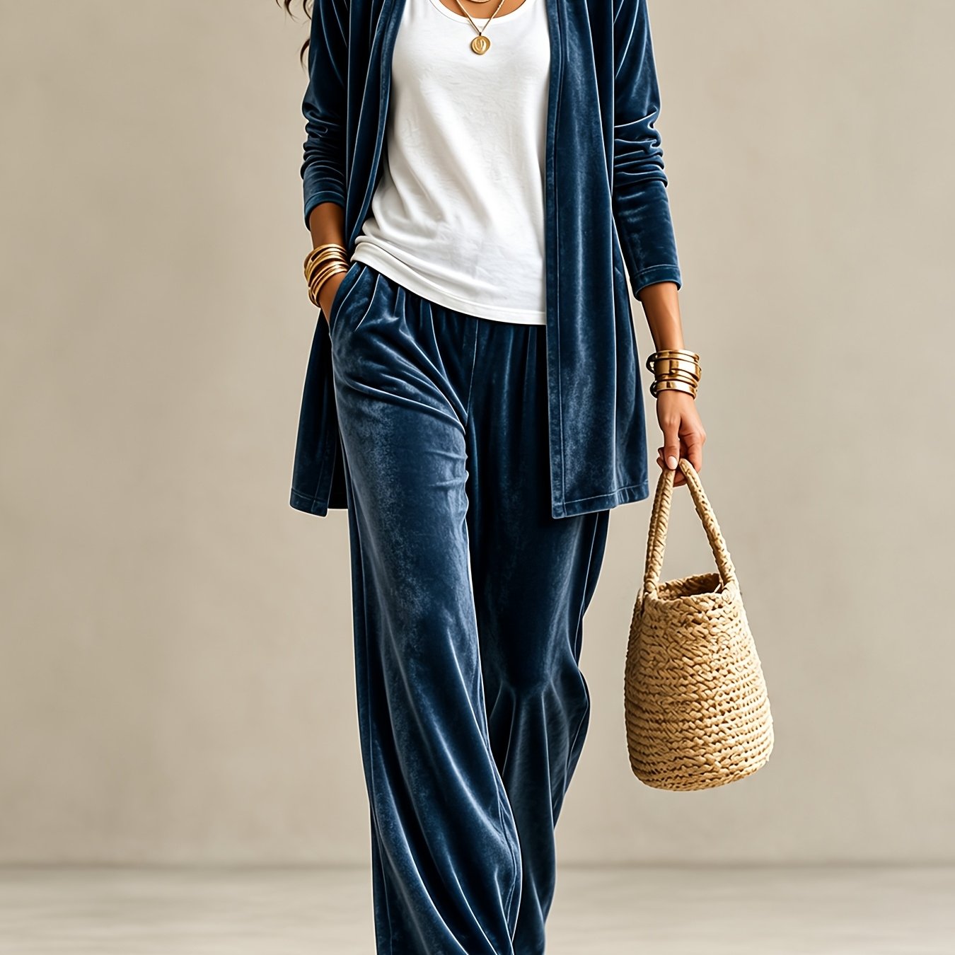 TEMU Lazy- Luxury Velvet Autumn/winter New 2pcs Set: Solid Color Long Cardigan   High-waist Flowy Wide-leg Pants, Casual Daily Outfit For Women