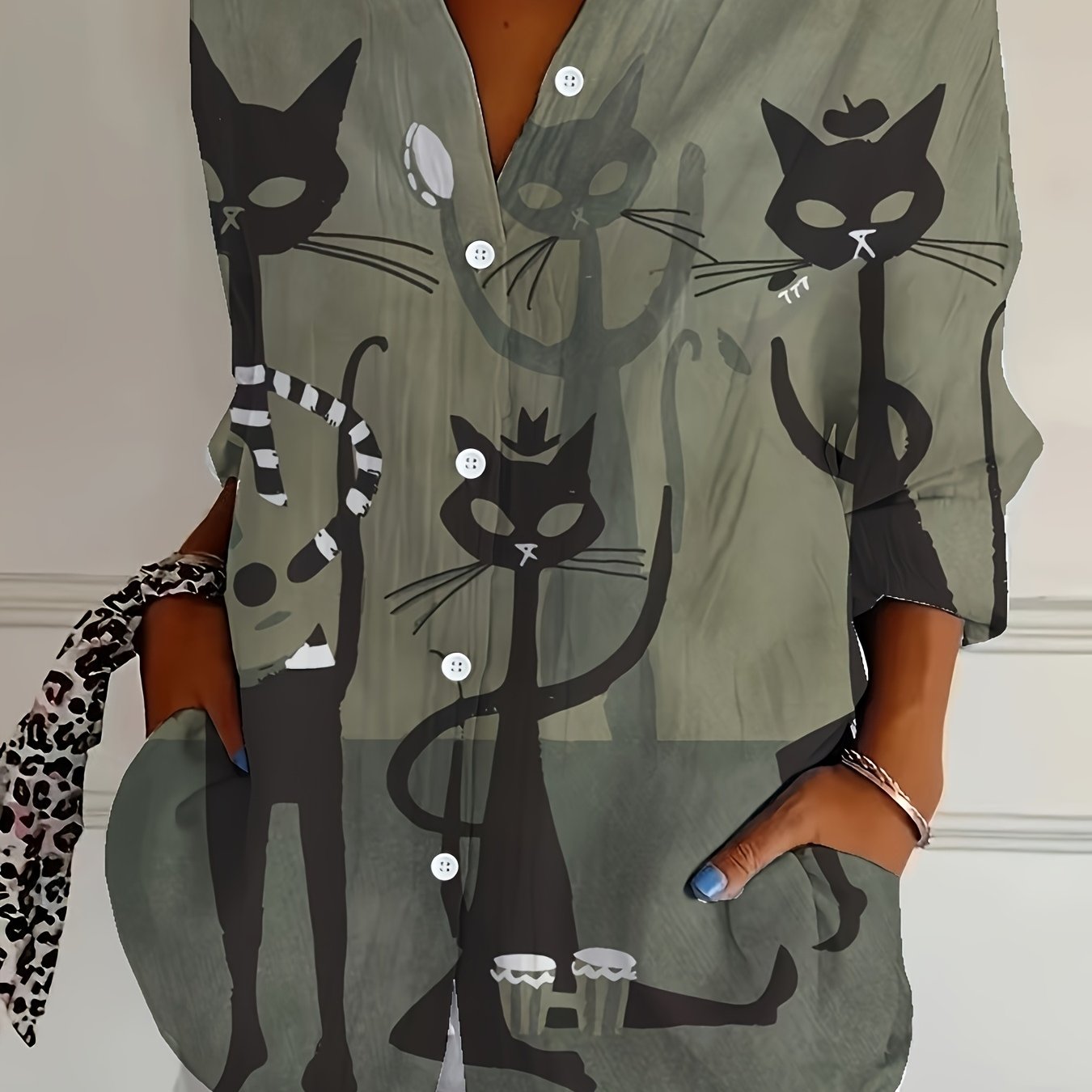 E-shop Katzenmuster Einfaches Hemd, Lässige Bluse mit Knopfleiste und langen Ärmeln, Damen Frühling Sommer