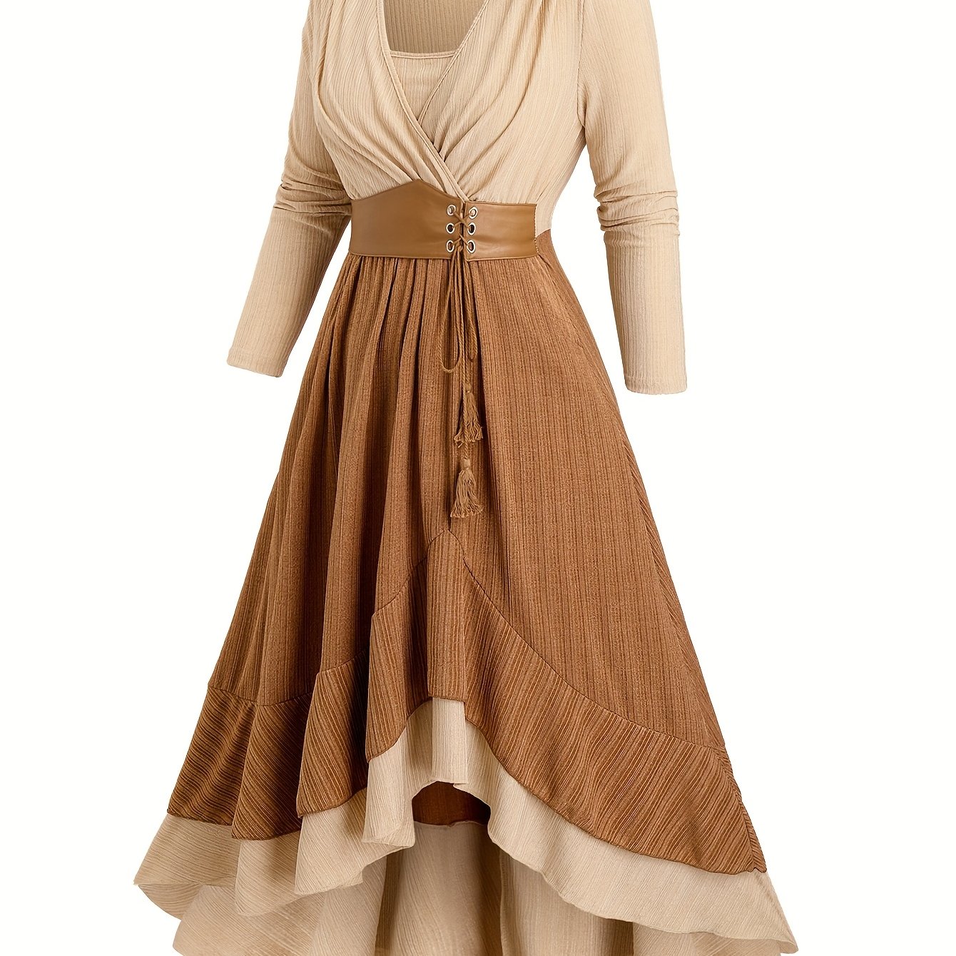 Plus Size - Western Size Women's Tie-string Hemp Rope Tassel Pocket Hem Ribbed Dress