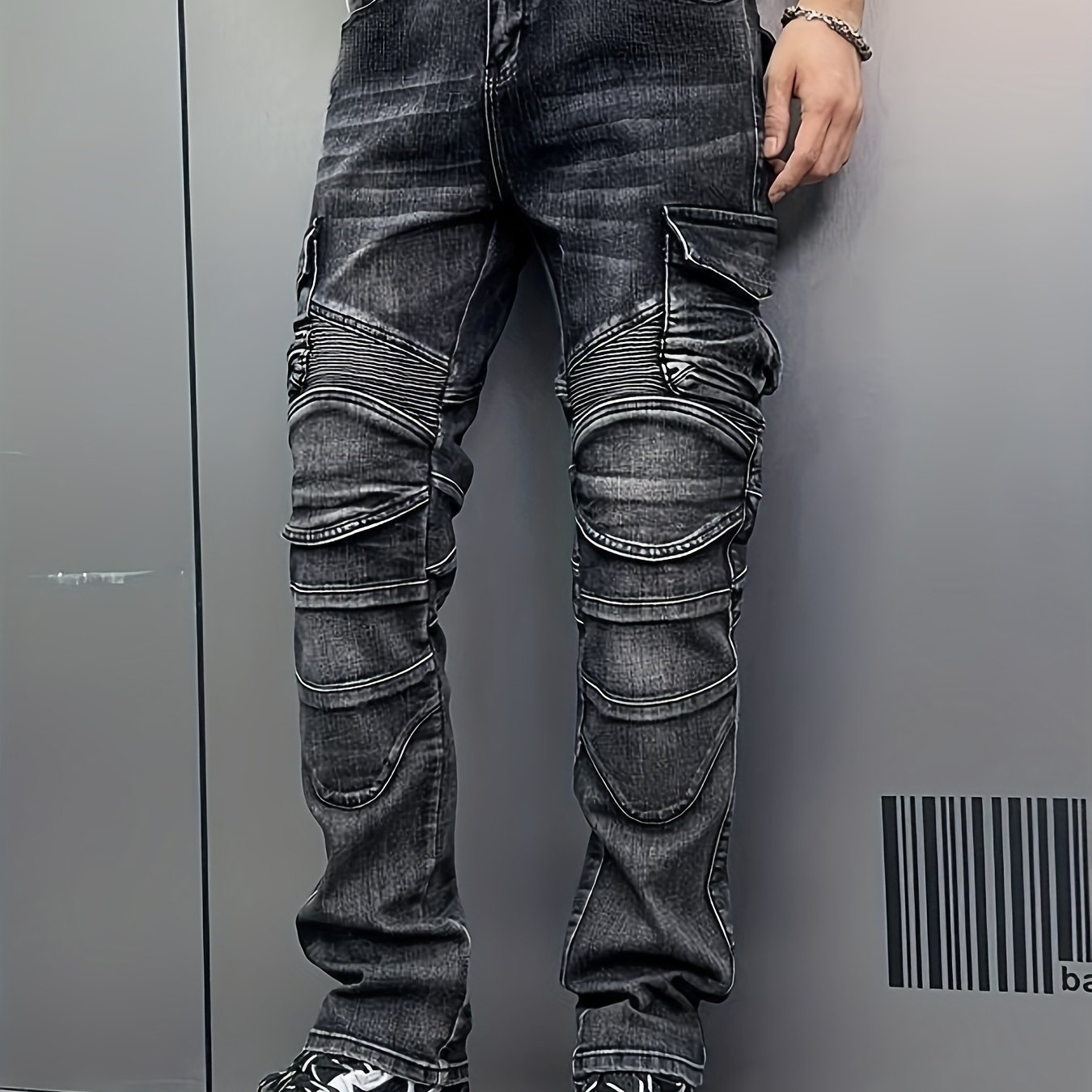 Men's Multi-pocket Ruched Stretch Biker Jeans