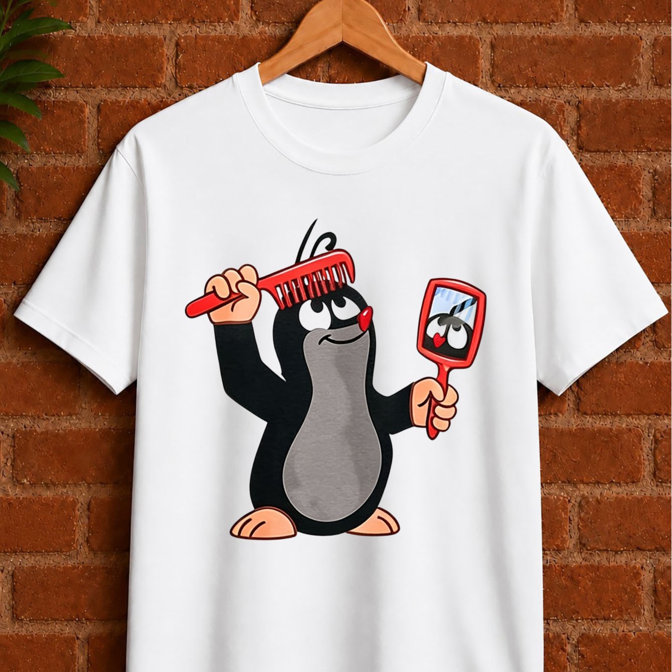Image of With Cartoon Mole Grooming Hair Comb And Mirror Cute Vintage Character Self-care Graphic Print Unisex All T-shirt