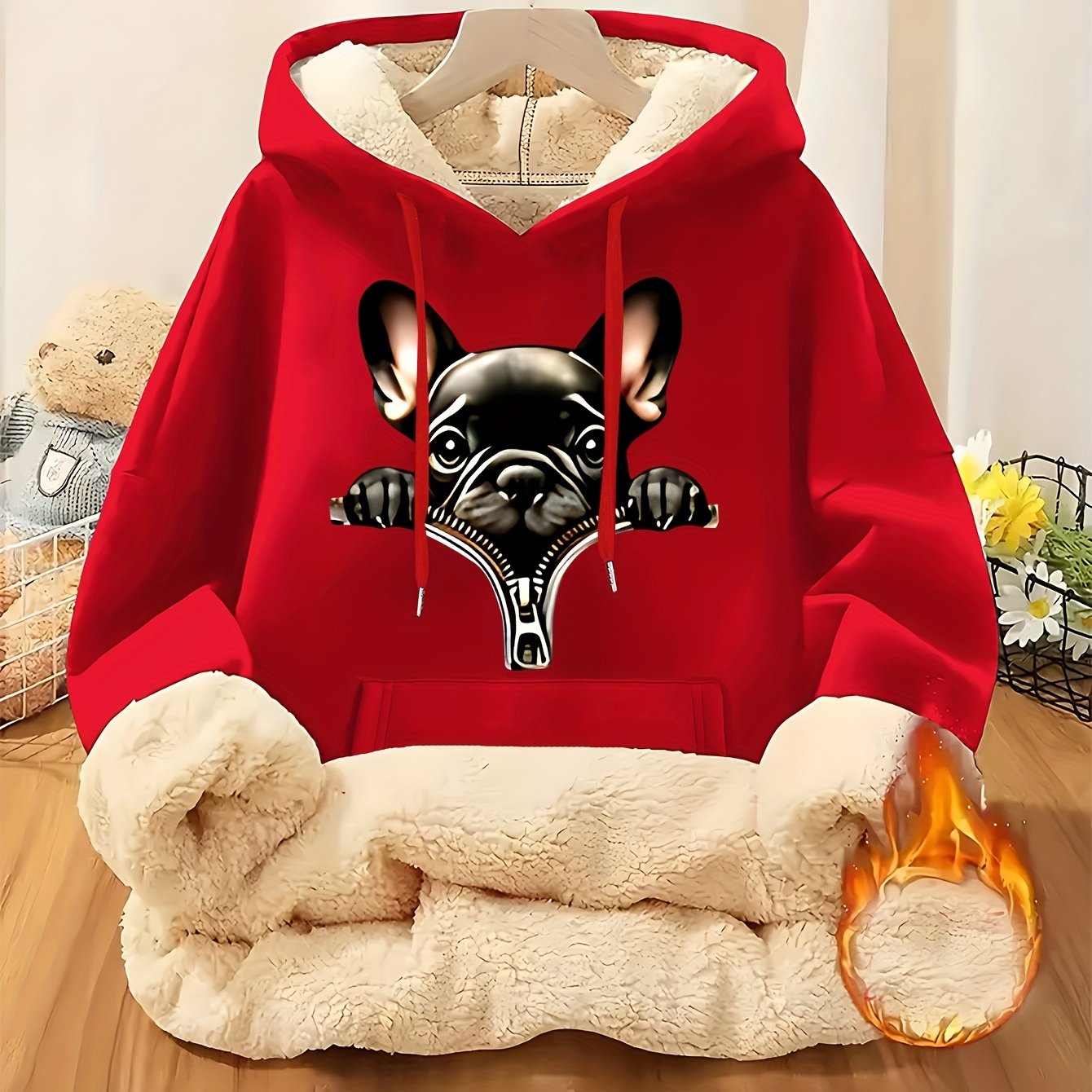 TEMU / Winter French Bulldog Peekaboo Print Women's Thickened Hooded Sweater, Suitable For Spring, Autumn And Winter. New Women's Casual Versatile