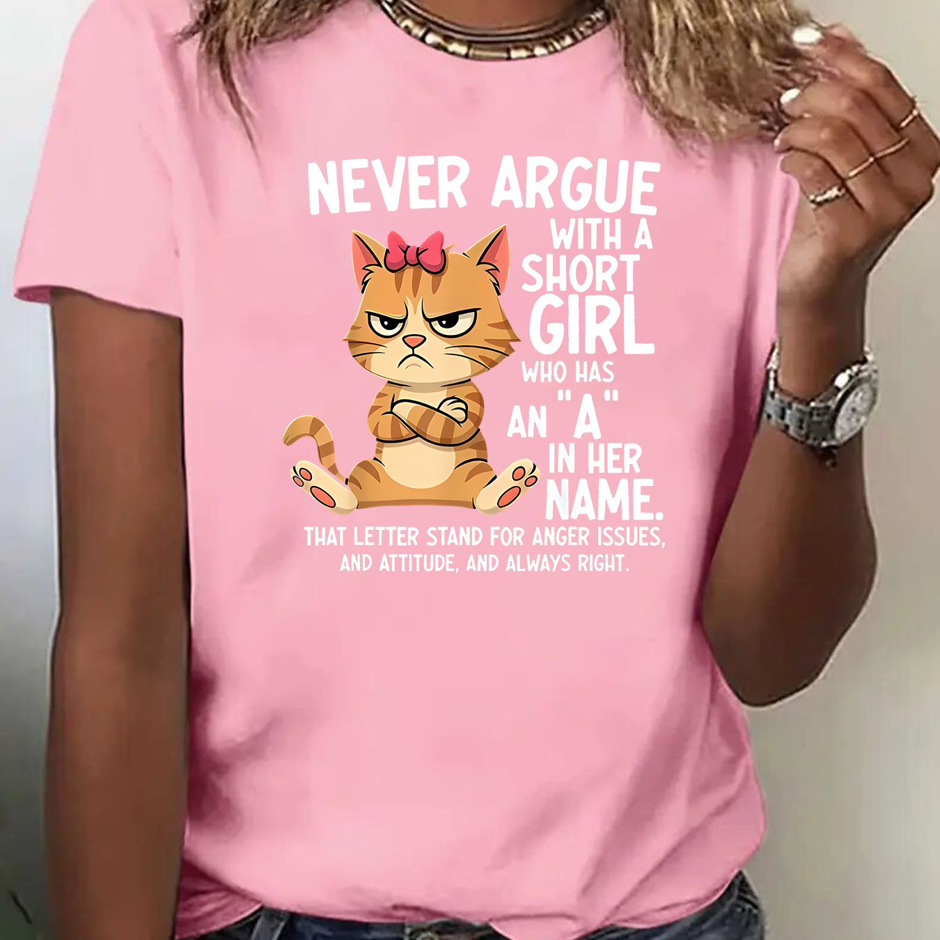TEMU Women's Summer Crew Neck T-shirt, Funny "never Argue With A Short Who Has An 'a' In " Graphic Tee, Soft Breathable Fabric, Machine Washable,