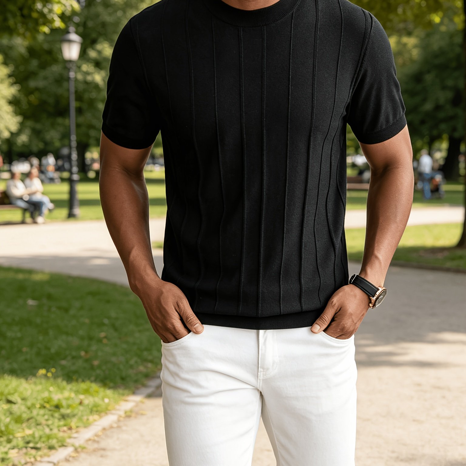 TEMU Men's Italian Preppy Style Pinstripe Round Neck Knit Short Sleeve Top, Breathable And Flat, Summer Casual Versatile Wear For , Leisure,