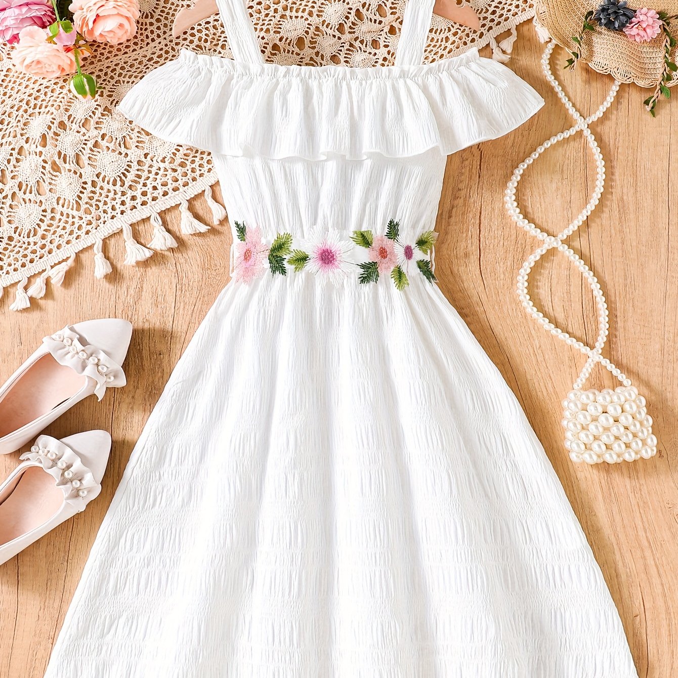 Image of Off-the-shoulder Dress For Girls With Fashionable Waist Splicing And Floral Belt