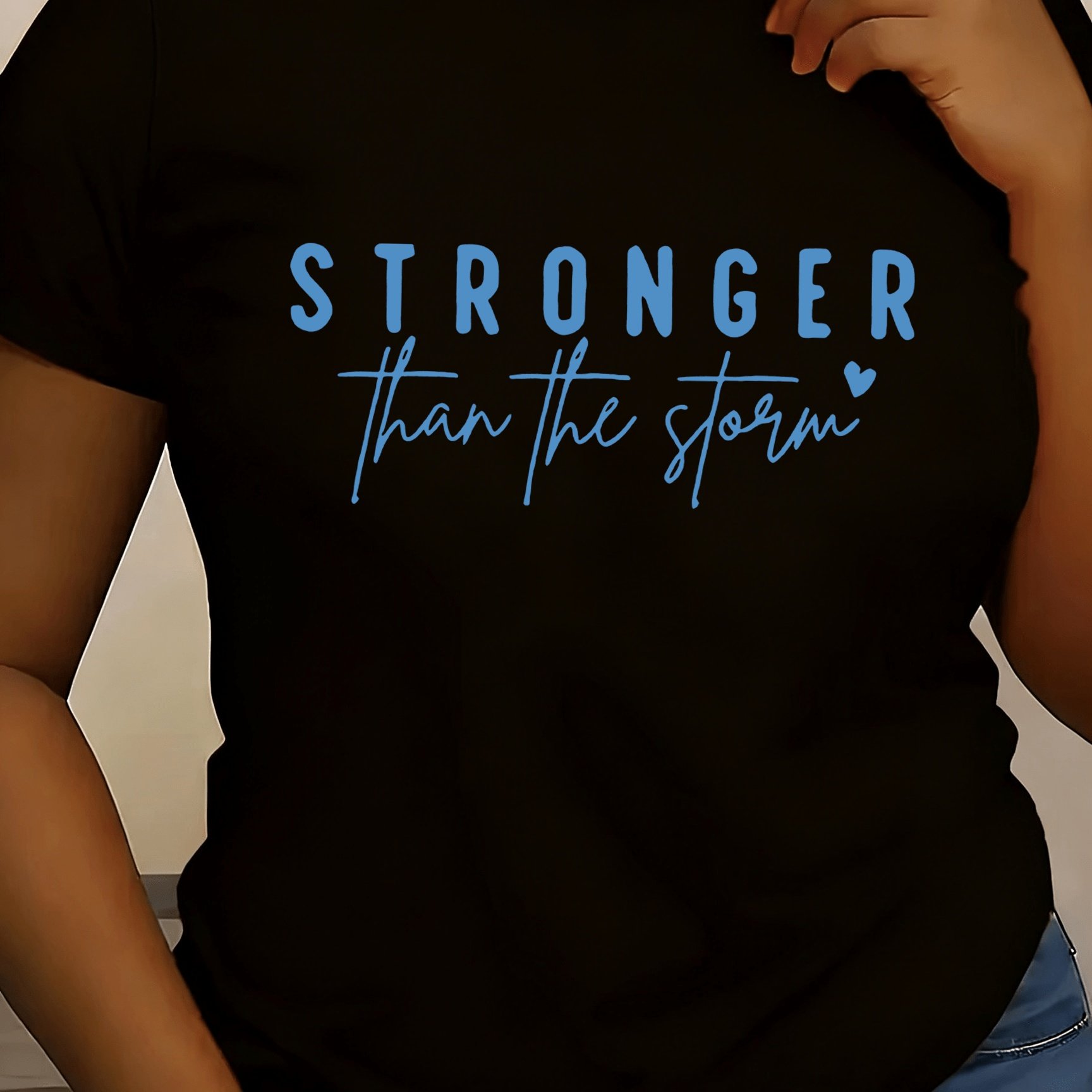 TEMU Women's Inspirational Quote T-shirt, "stronger Than " Letter Print, Comfortable Short Sleeve, Casual Round Neck Top