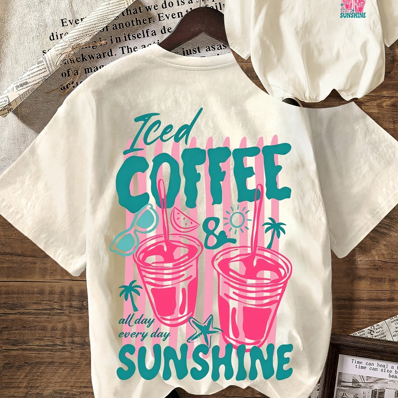 TEMU Women's Retro 90s Iced Coffee & Sunshine T-shirt - Vintage Short Sleeve Round Neck Tee With Iced Coffee Lettering, Casual Non- -compatible Top