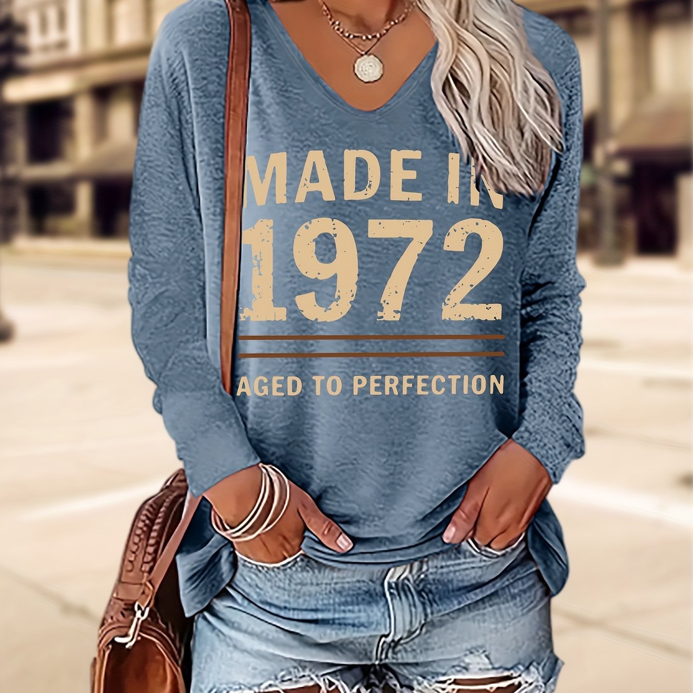 TEMU Autumn/winter Women's Fashionable V-neck Colored Long-sleeve T-shirt With "made In 1972 Aged To Perfection" Letter Print, 1pc Elegant Party