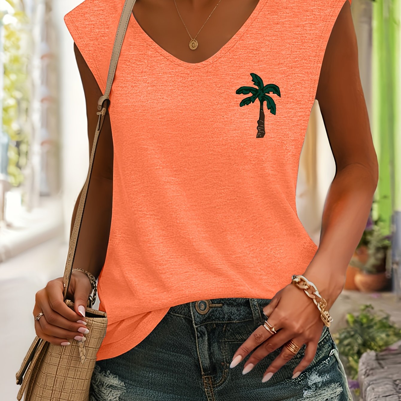 TEMU T-shirt manches à col en V avec motif de palmier dessiné à , rustique et naturelle, tissu confortable et facile d'entretien, polyvalent pour une