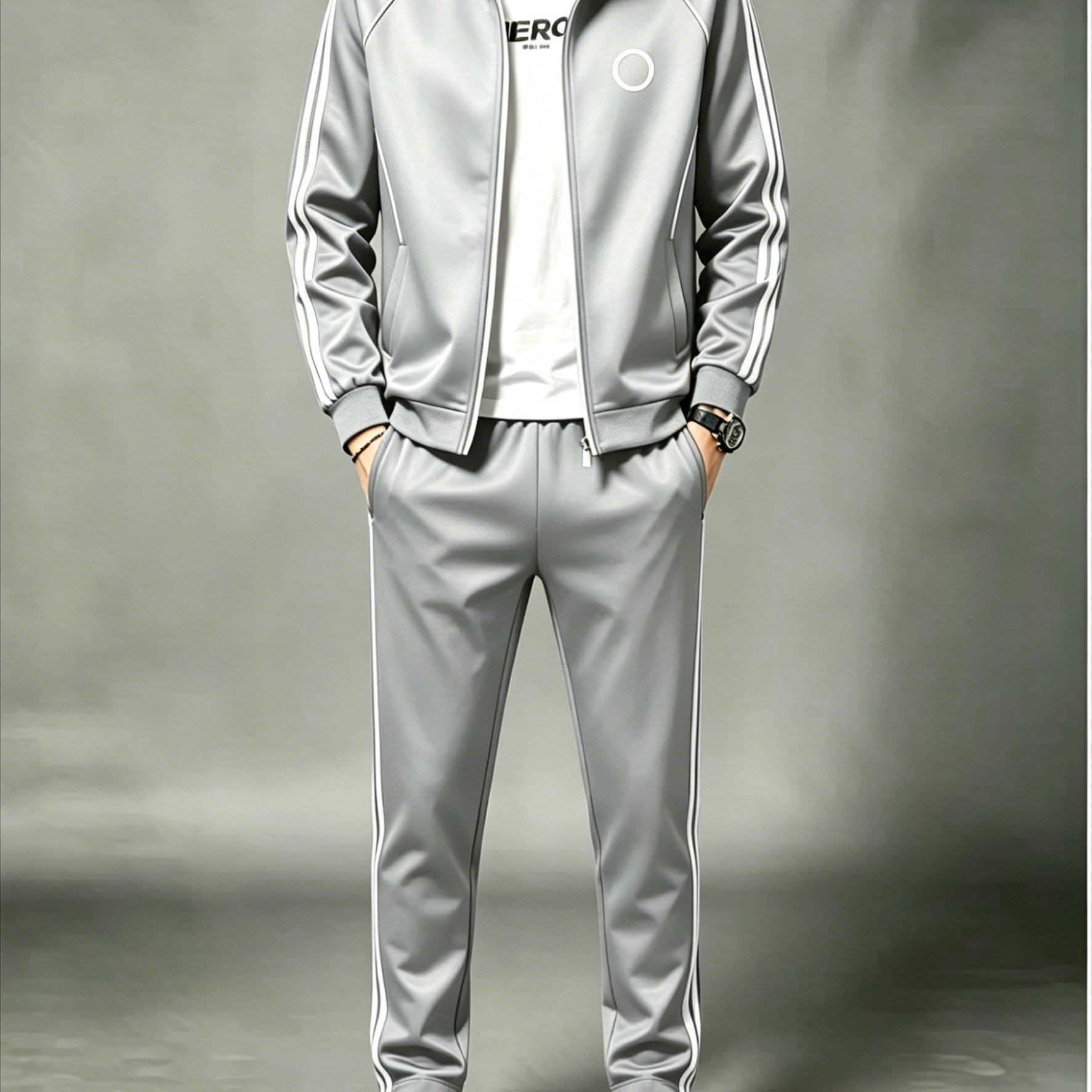 Men's Stand Collar Cardigan Sports Set, Casual Two-piece Outfit In Light Gray, White Side Stripes And Circle Print, Polyester Fabric