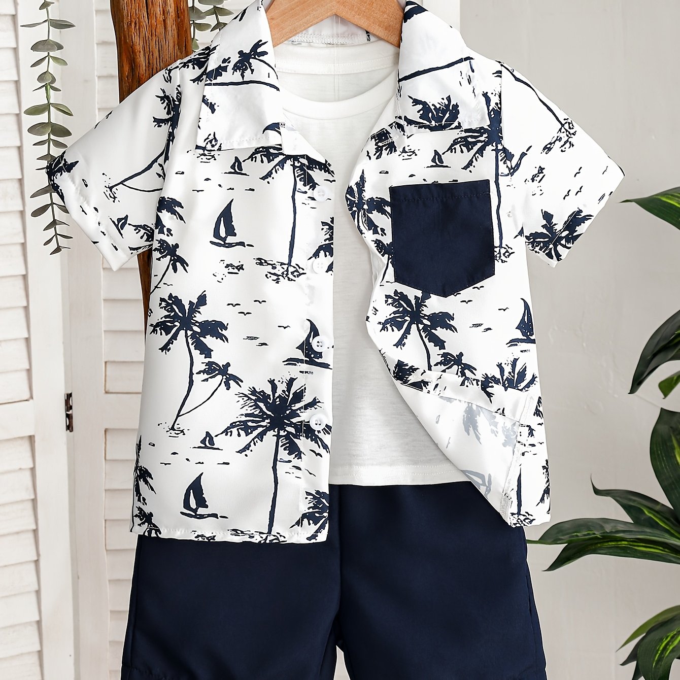 Image of 2pcs Summer Shorts And Shirt Set, Coconut Tree White Shirt And Cardigan With Pockets & Navy Blue Elastic Waist Shorts, Boys' Vacation Wear Casual Fashion Versatile, For Outdoor