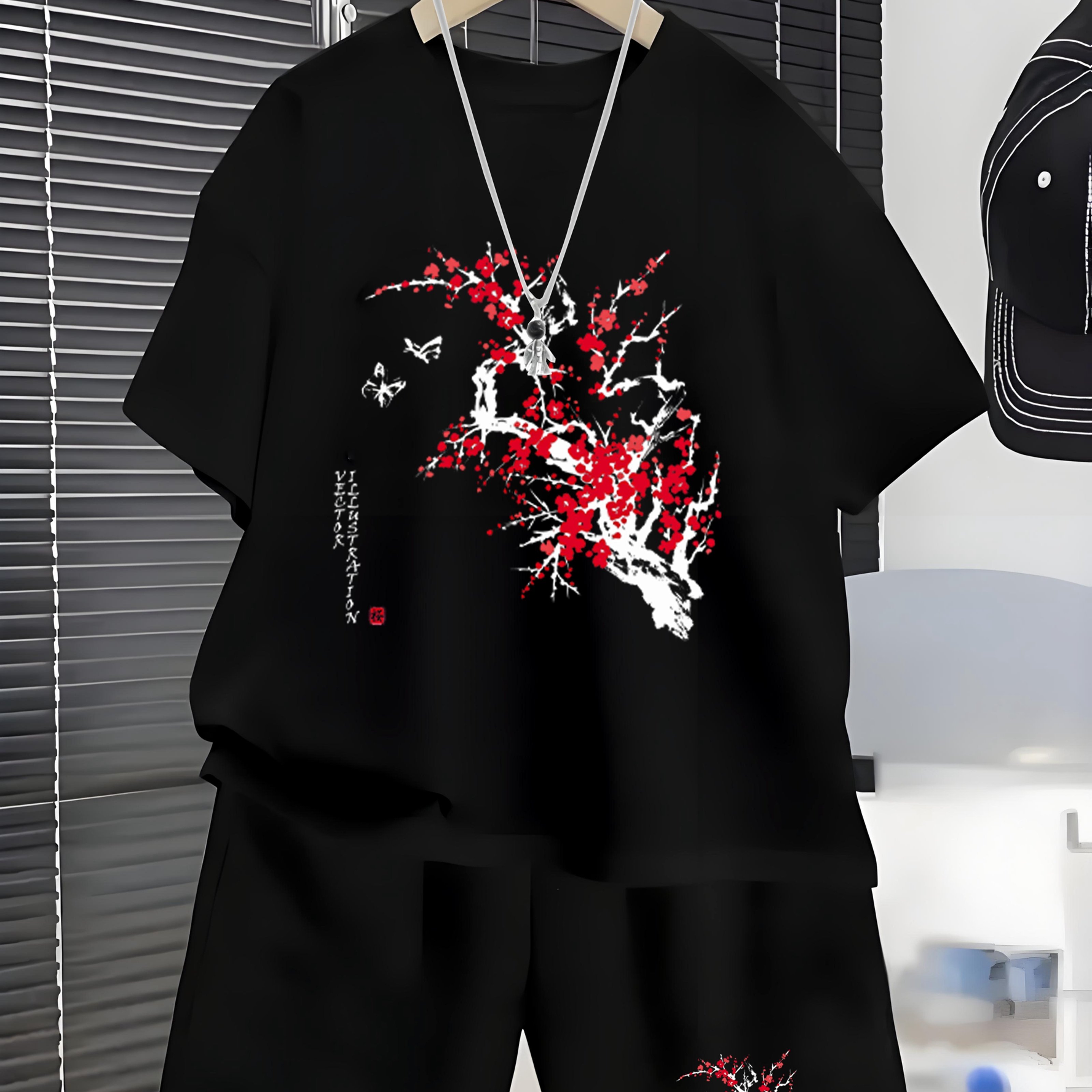 TEMU 2pcs Boys' Chinese Traditional Outfit - Watercolor Plum & Classical Poetry Matching T-shirt And Shorts, Chinese Suit For Events, Cultural