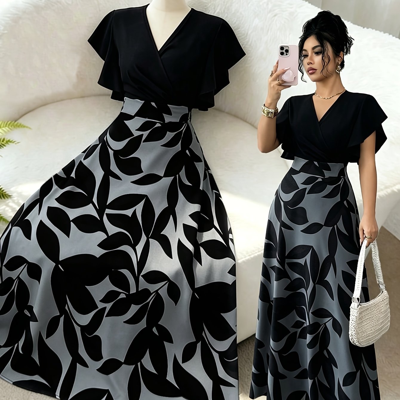 TEMU d'été 2026 de style français vintage, unie avec haut à manches papillon et ourlet patchwork imprimé, convient pour un usage , robe pour femme