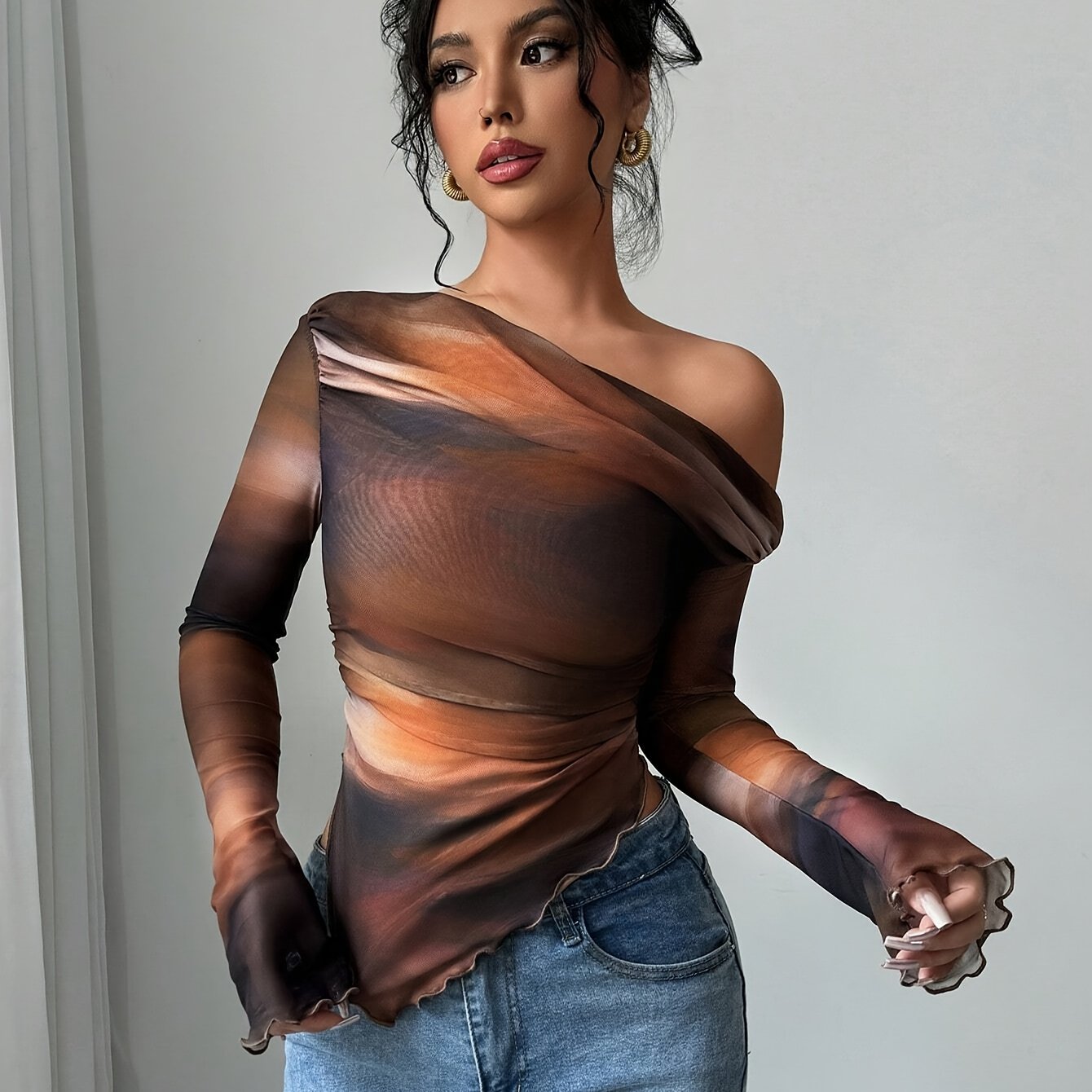 TEMU Women's Off-shoulder Long Sleeve T-shirt Top For Spring, Summer, And Fall. Elegant Long Sleeve T-shirt For , Beach, And New Year's Eve. Slim-