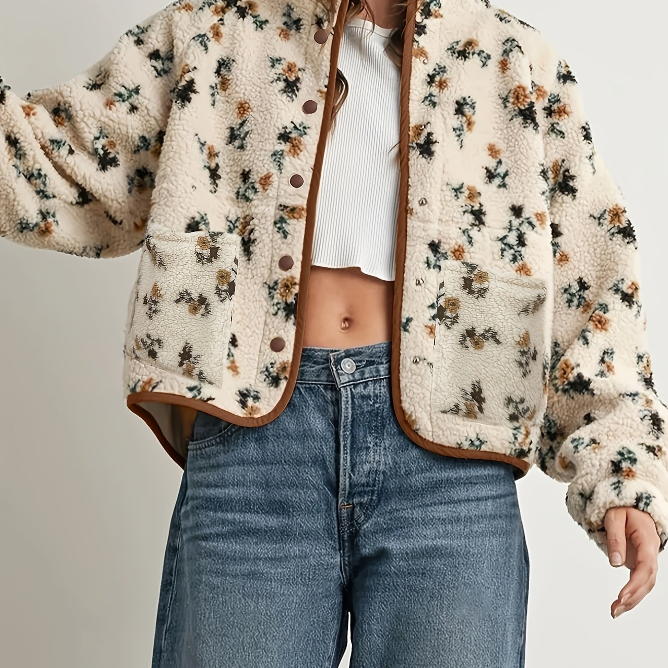 TEMU Women's Vintage Floral Print Fleece Jacket, Stand Collar Single-breasted Button-up With Pockets, Top, Autumn/winter Casual Loose-fit Warm Teddy