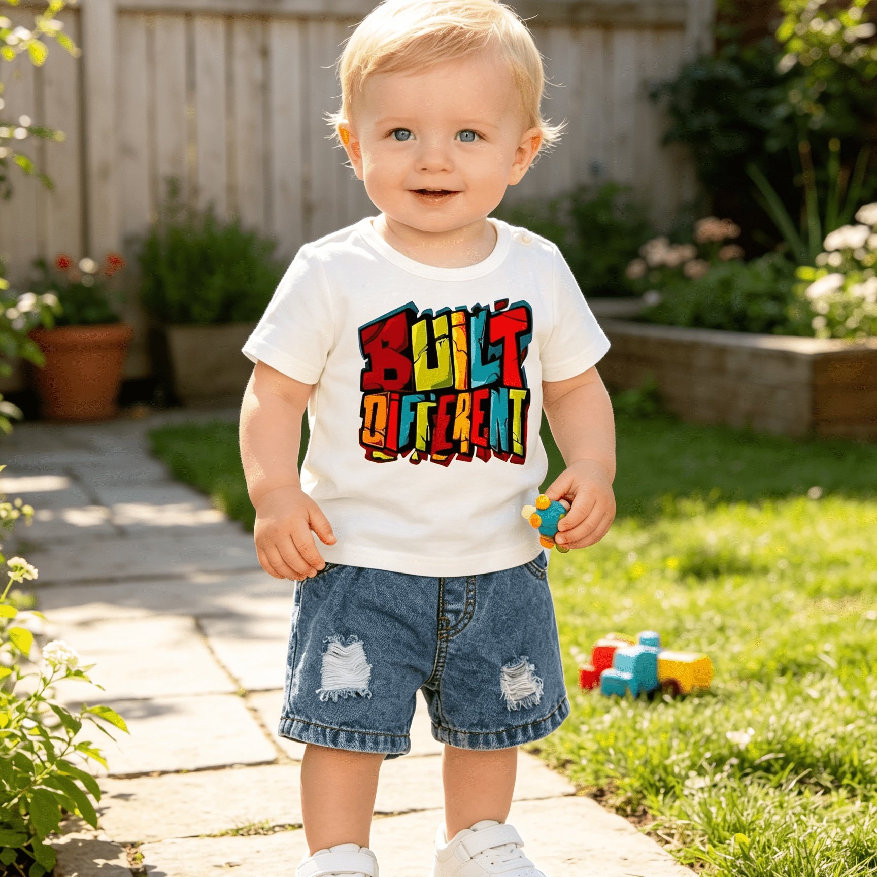 Image of Children's Eden 0-3 Years Old Letter Print White Short Sleeve Denim Shorts Set, For Outdoor