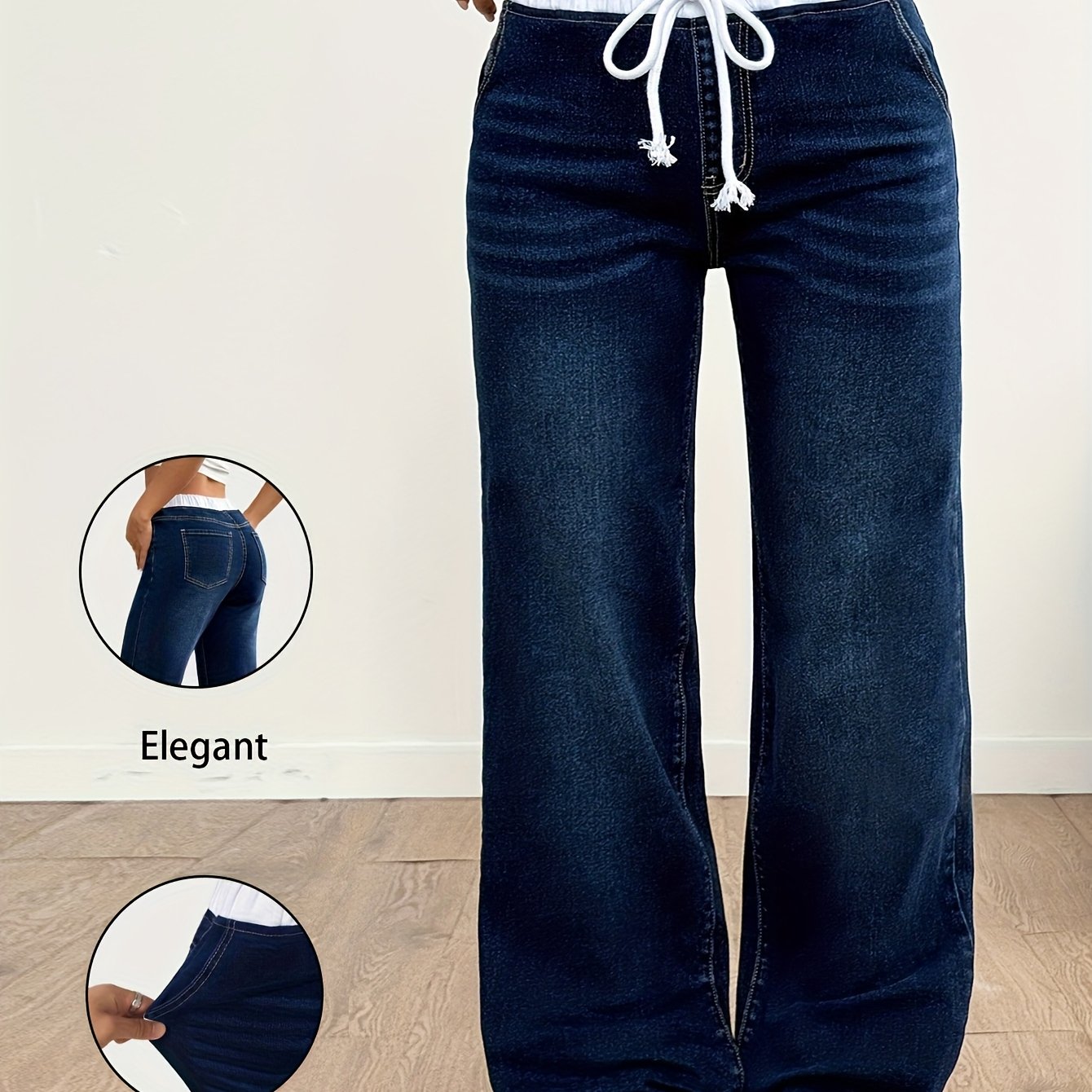 Image of -style Women's Elegant Casual Versatile Plus-size Jeans For To 300 Lbs, Trendy High-waist Elastic Waistband With Drawstring, Color- Medium-high Stretch Straight-leg Denim Pants, Model 13-218562