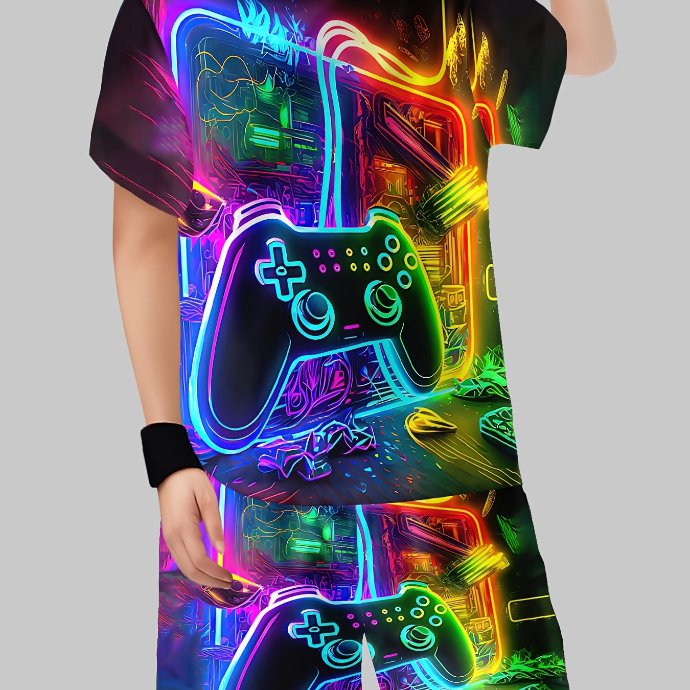 Boys' Suit Printed Casual Pullover Short Sleeve Shorts T Sweatshirt, Boys' Outdoor T-shirt Shorts, For Outdoor