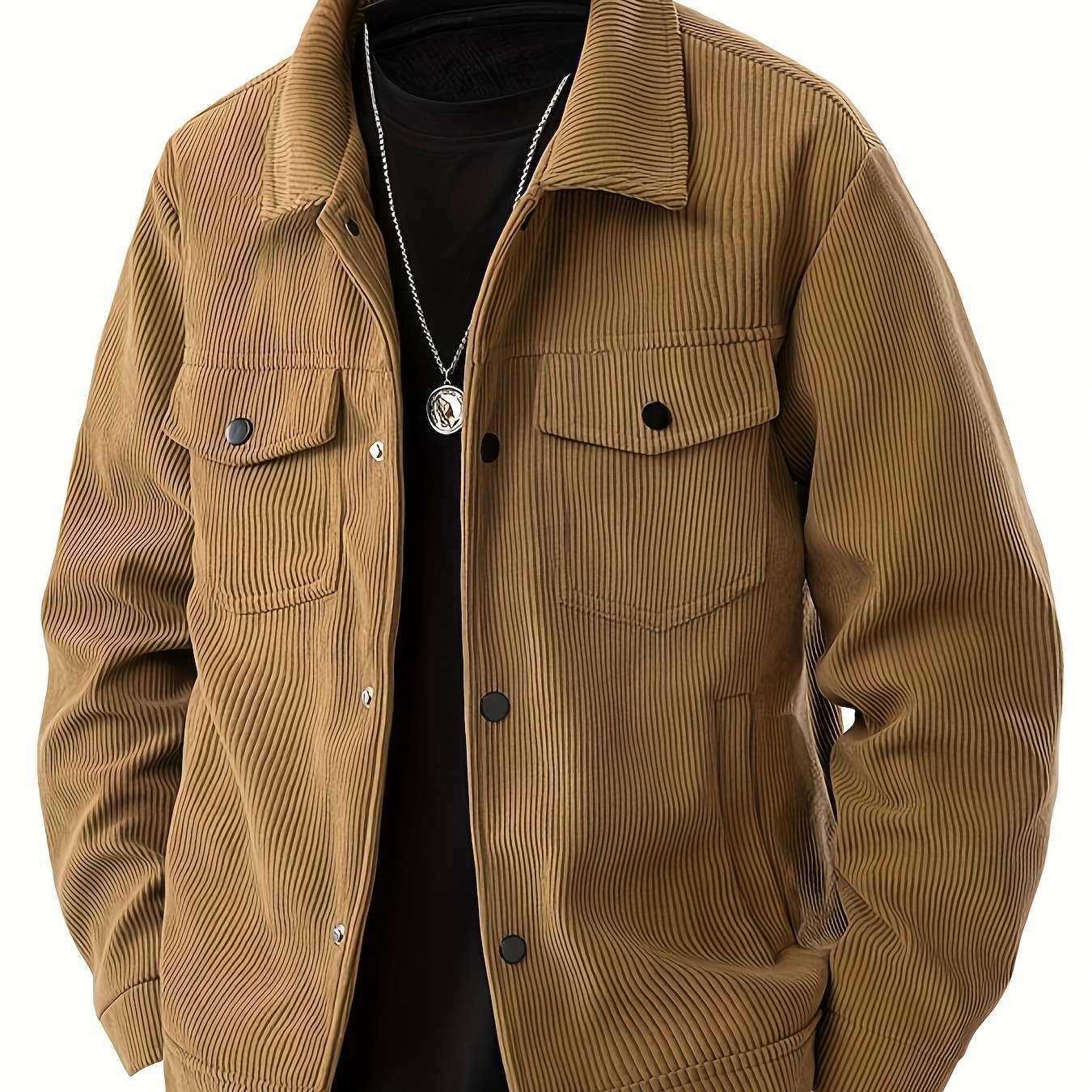 Men's Plus Size Corduroy Work Jacket - Button-up Front With Snap Closure, Multiple Pockets, Machine Washable Casual & Formal Wear For , Plus Size, Plus Size