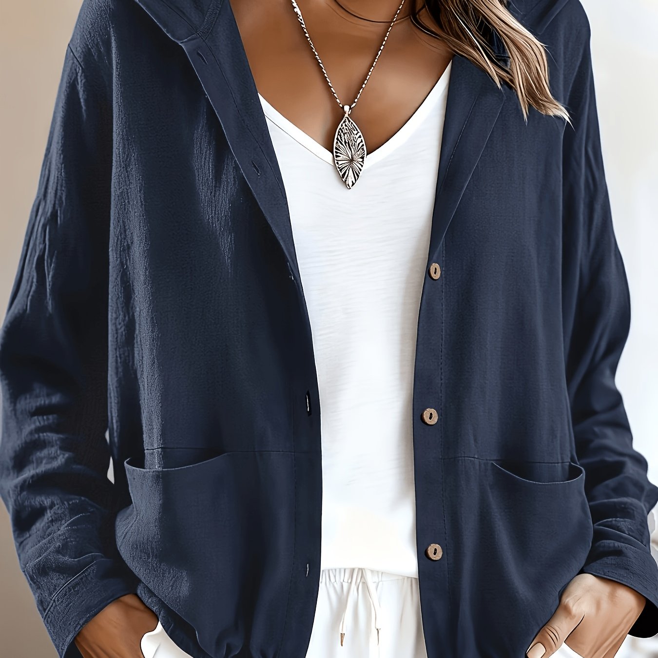 TEMU New Fashionable Solid Color Simple And Elegant Women's Hooded Jacket With Pockets