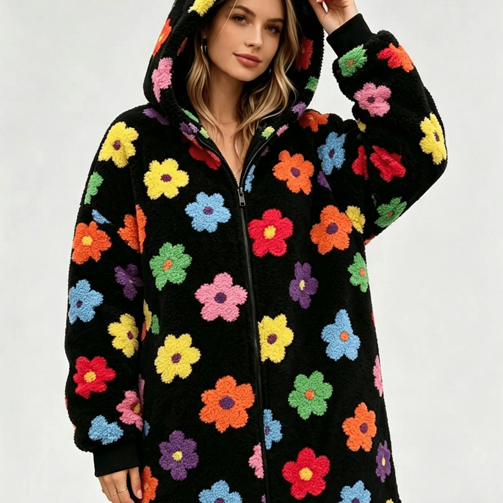 TEMU Plus Size - Dopaminfarbene Blumen Plüschjacke Damen Mittellange Kapuzenjacke mit Reißverschluss Retro Süßer Cooler Stil Herbst Winter Warme Plus