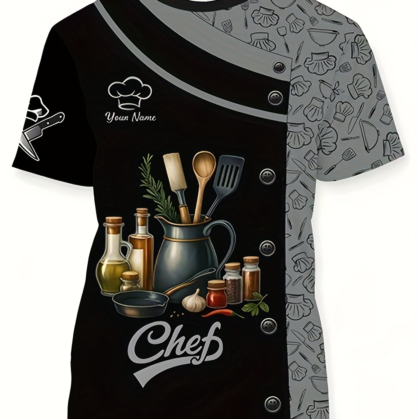 TEMU Showcasing The Characteristics Of A Chef's : This Black And Gray Color- Personalized Chef Short-sleeve Shirt Features A Scene Of Used Cooking