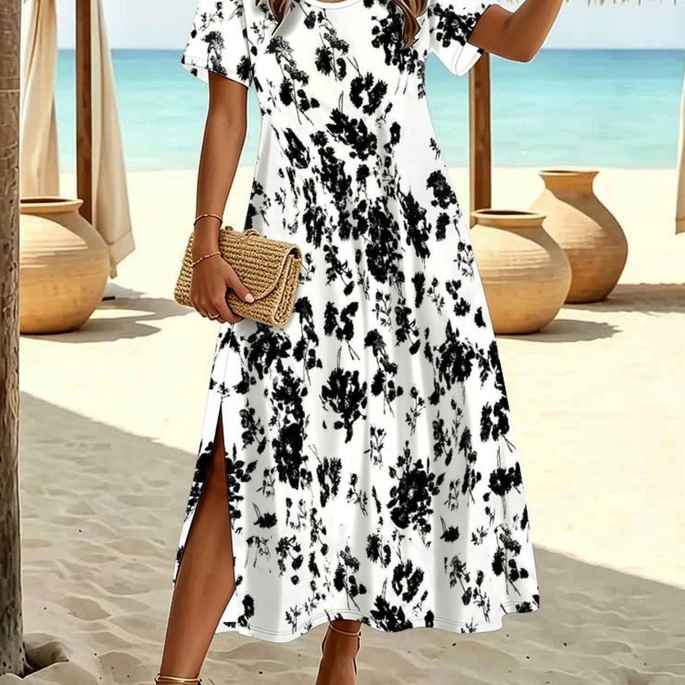 Plus Size, Plus Size Women's Summer Fashion Dress, Casual With Tiny Botanical Floral Print, Crew Neck Short Sleeve Split Hem Elegant Dress.