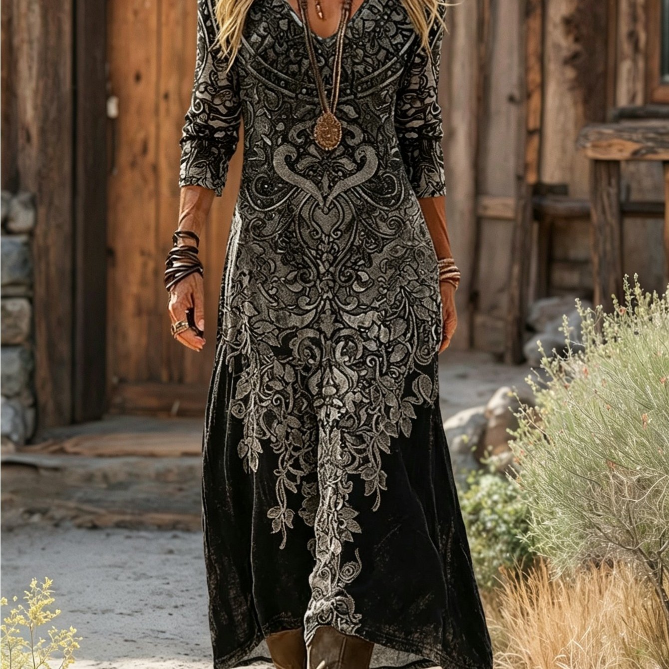 Image of New Women's Bohemian Dress - -neck -quarter-sleeved Dress, With Black And Gray Scroll Flower Printing, Breathable And Loose Long Design