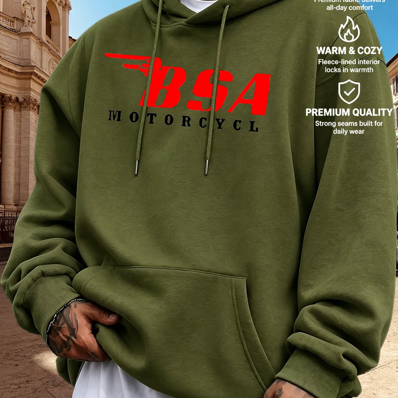 TEMU Men's Hooded Sweatshirt Bsa Vintage Motorcycle Print Style Streetwear Loose Fit Long Sleeve Top