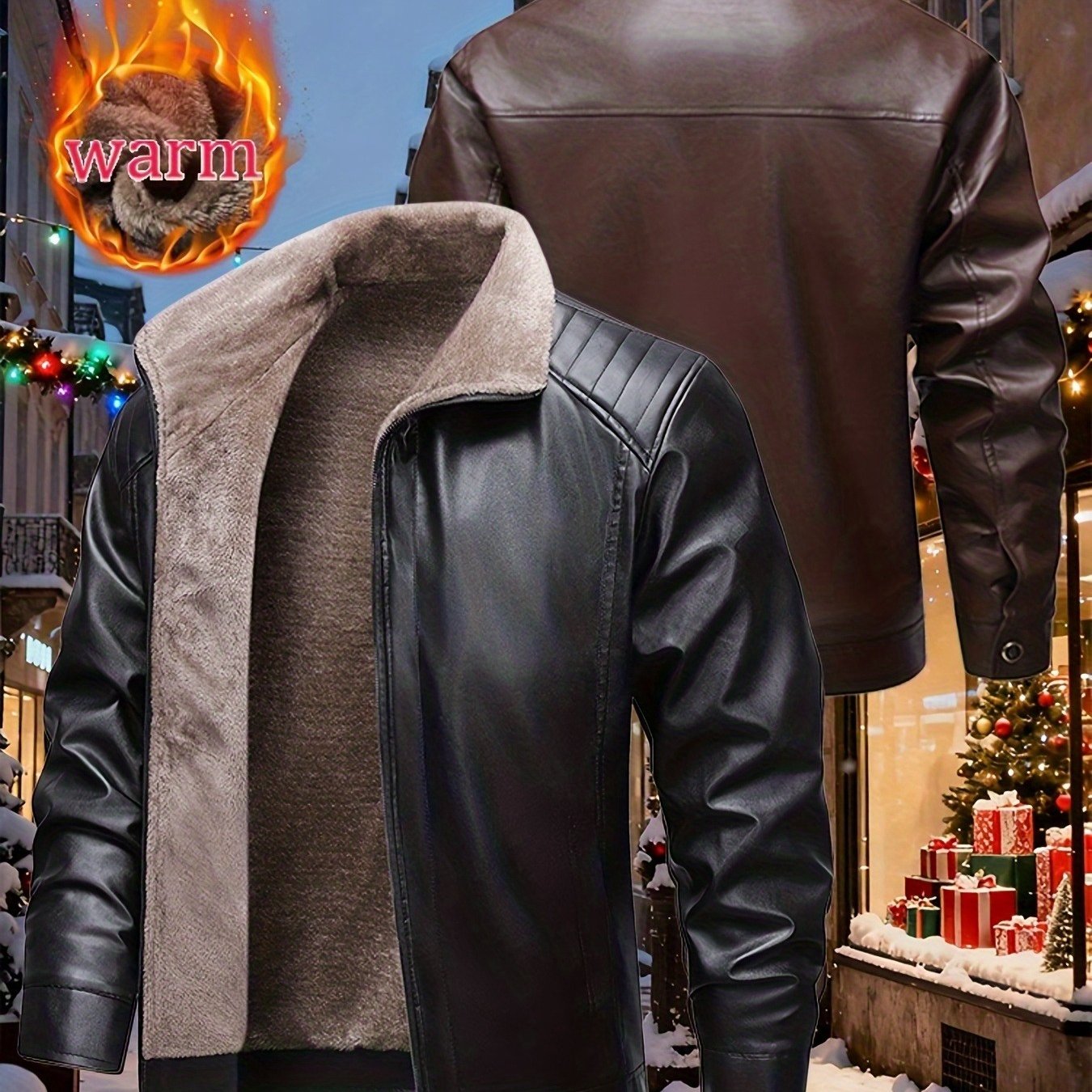 TEMU Men's Winter Fleece-lined Jacket, Warm Stand Collar Pu Outerwear, Windproof And Thermal Zippered Motorcycle Jacket, Casual And Stylish