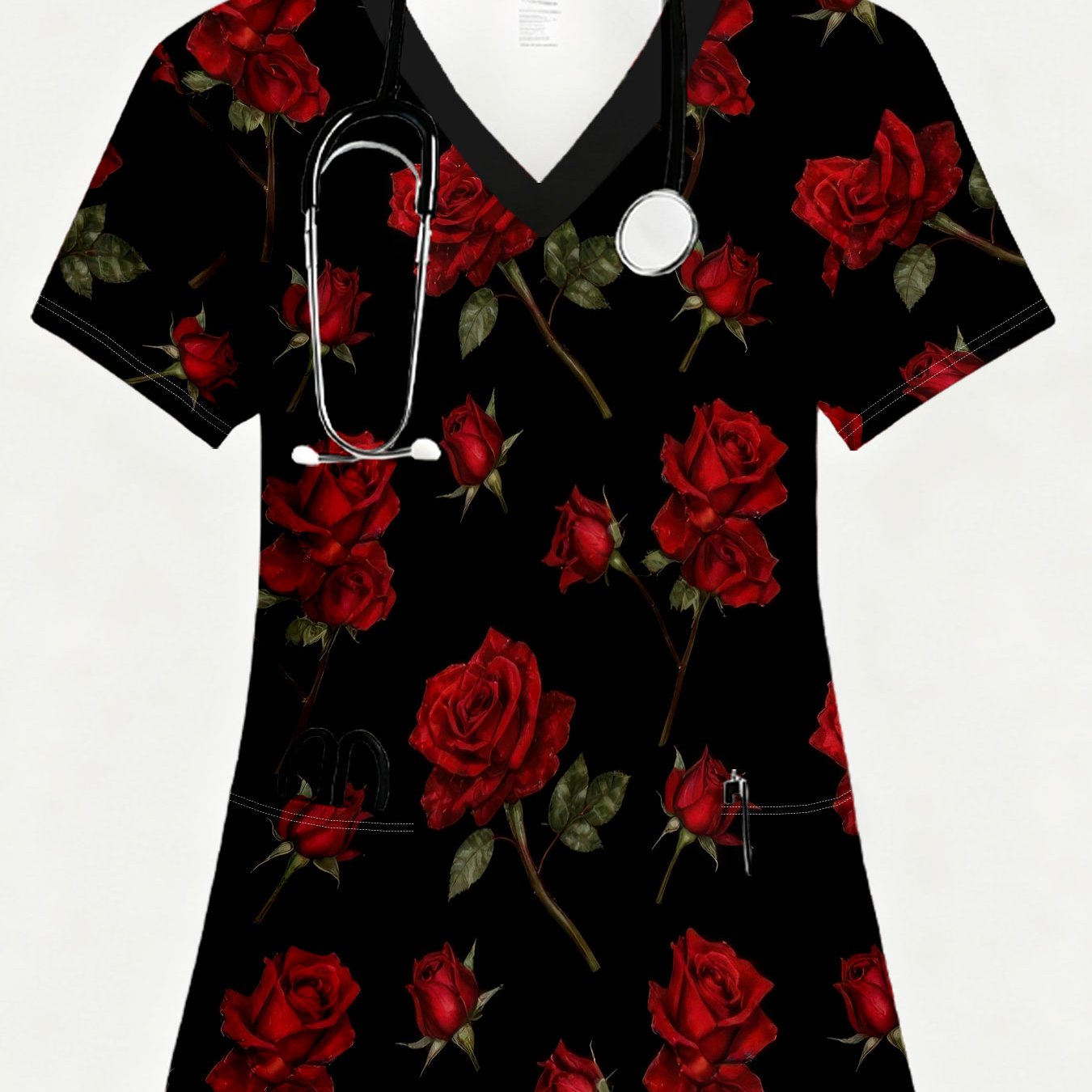 TEMU A Ladies Nurse Uniform With Printing, White Background, 2 Pockets, V-neck, Red Roses On Black, Nurse Work Top, Female Nursing Professional Wear,