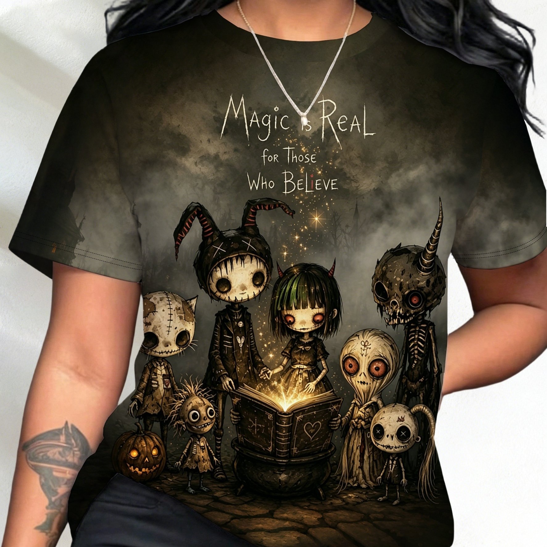 TEMU Women's New Dark Magic Book Short Sleeve T-shirt, Halloween Retro Eerie Doll Trendy Print, Round Neck Loose Top, Holiday Party Casual Wear