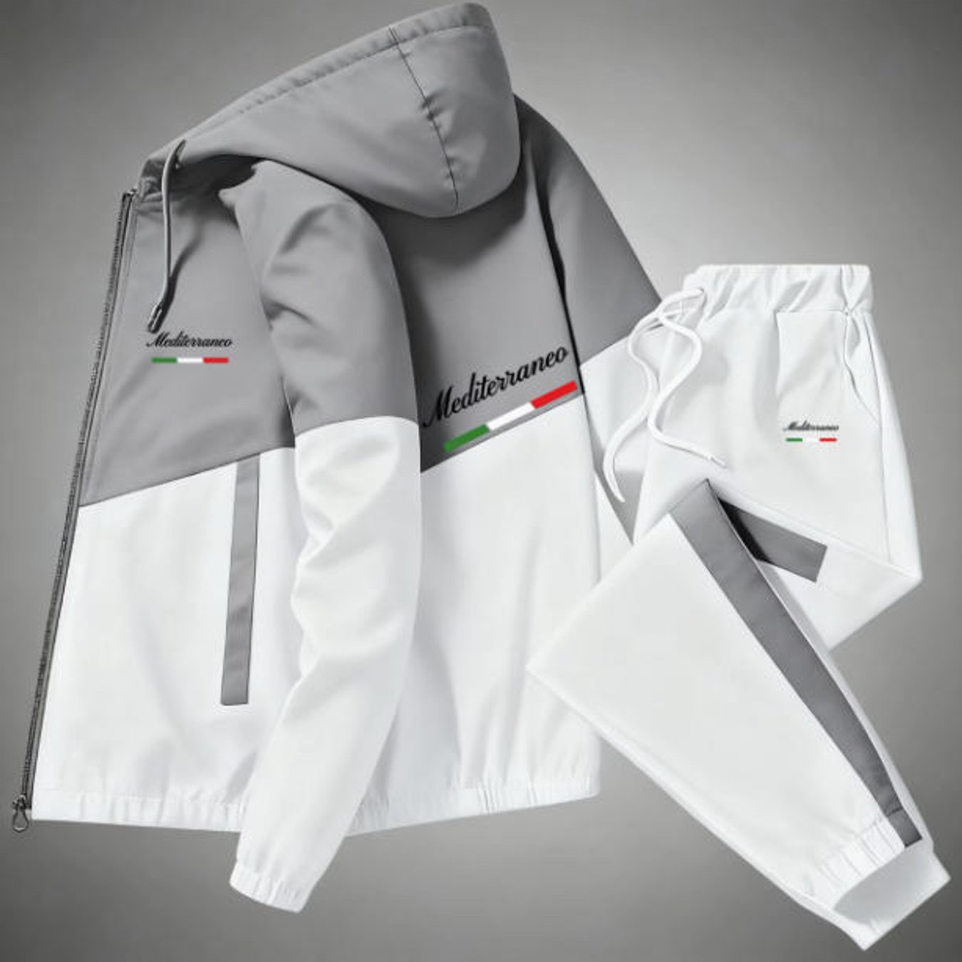 Image of Hooded Tracksuit Set Men's Fashion Casual Sportswear Color Block Yellow White Mediterraneo Italy Flag Pattern Adults Men Fall Winter Street Style Casual Wear Holiday Gift