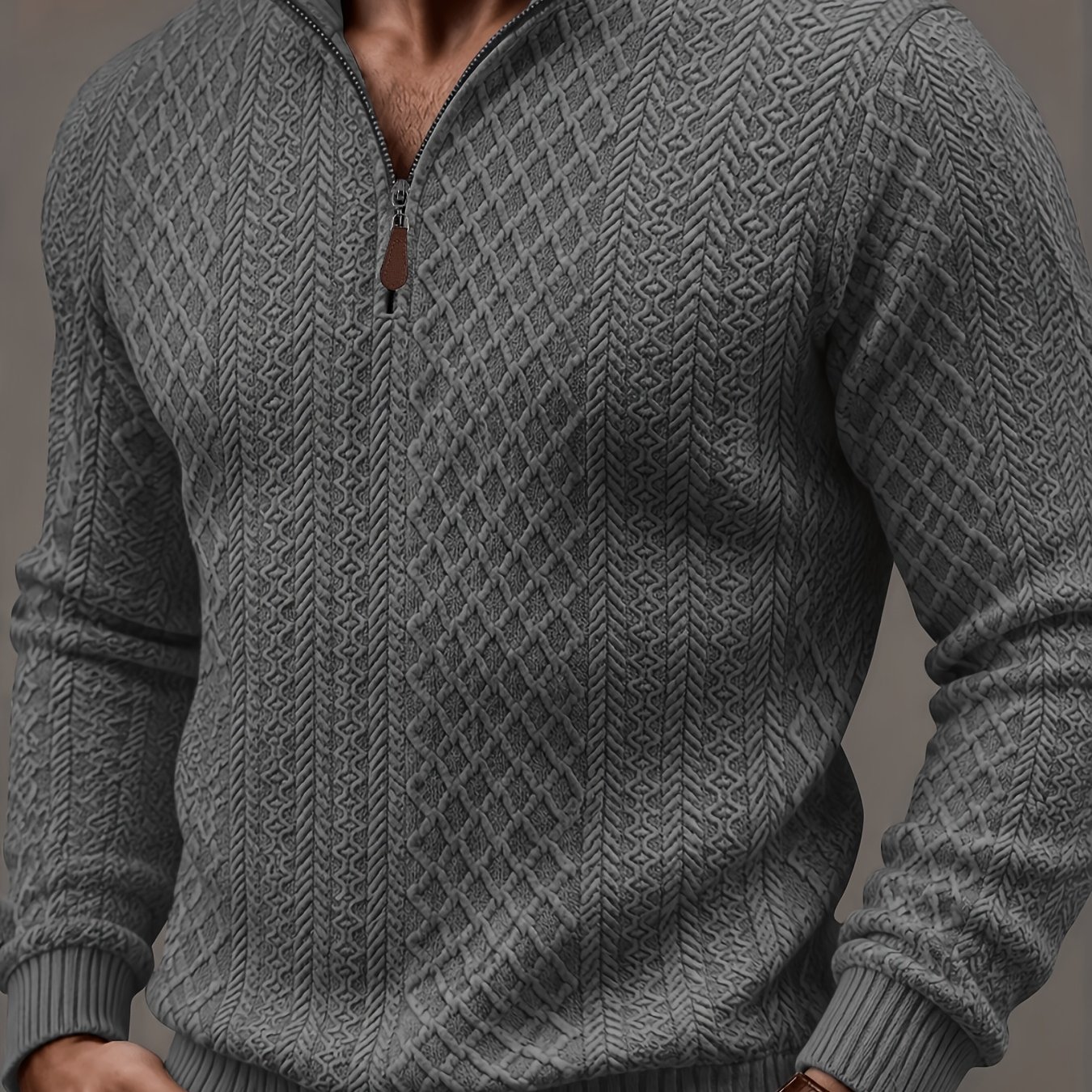 TEMU Obm Men's New Diamond Twist Cable Knit Half-zip Stand Collar Sweater, Light Luxury Jacquard Long-sleeve Knitwear, Soft, Skin-friendly, And