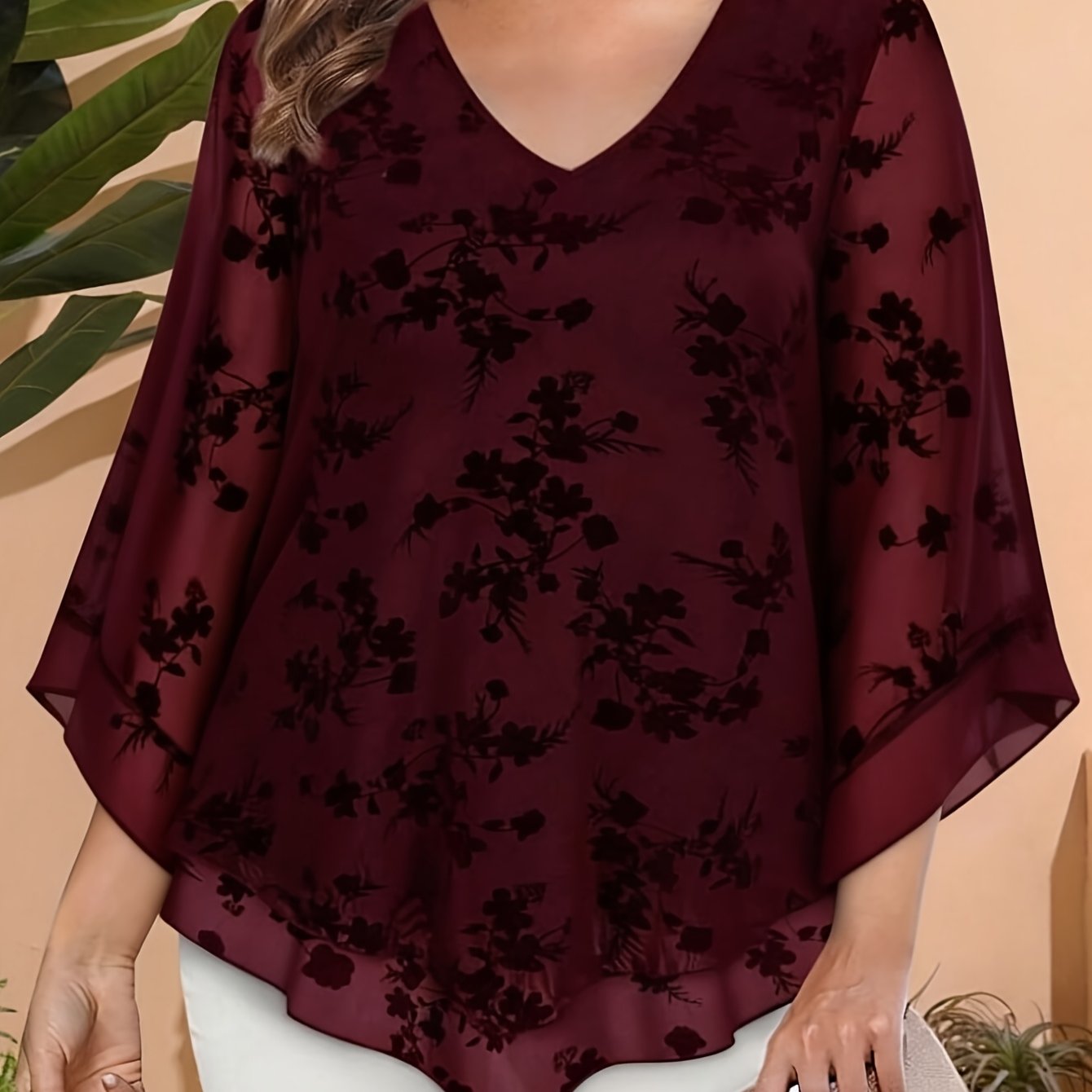 TEMU Plus Size, Plus-size Women's Mesh Top With V-neck, Three-quarter Flared Sleeves, Flocked Floral Details, Irregular Hem, Loose And Elegant With A