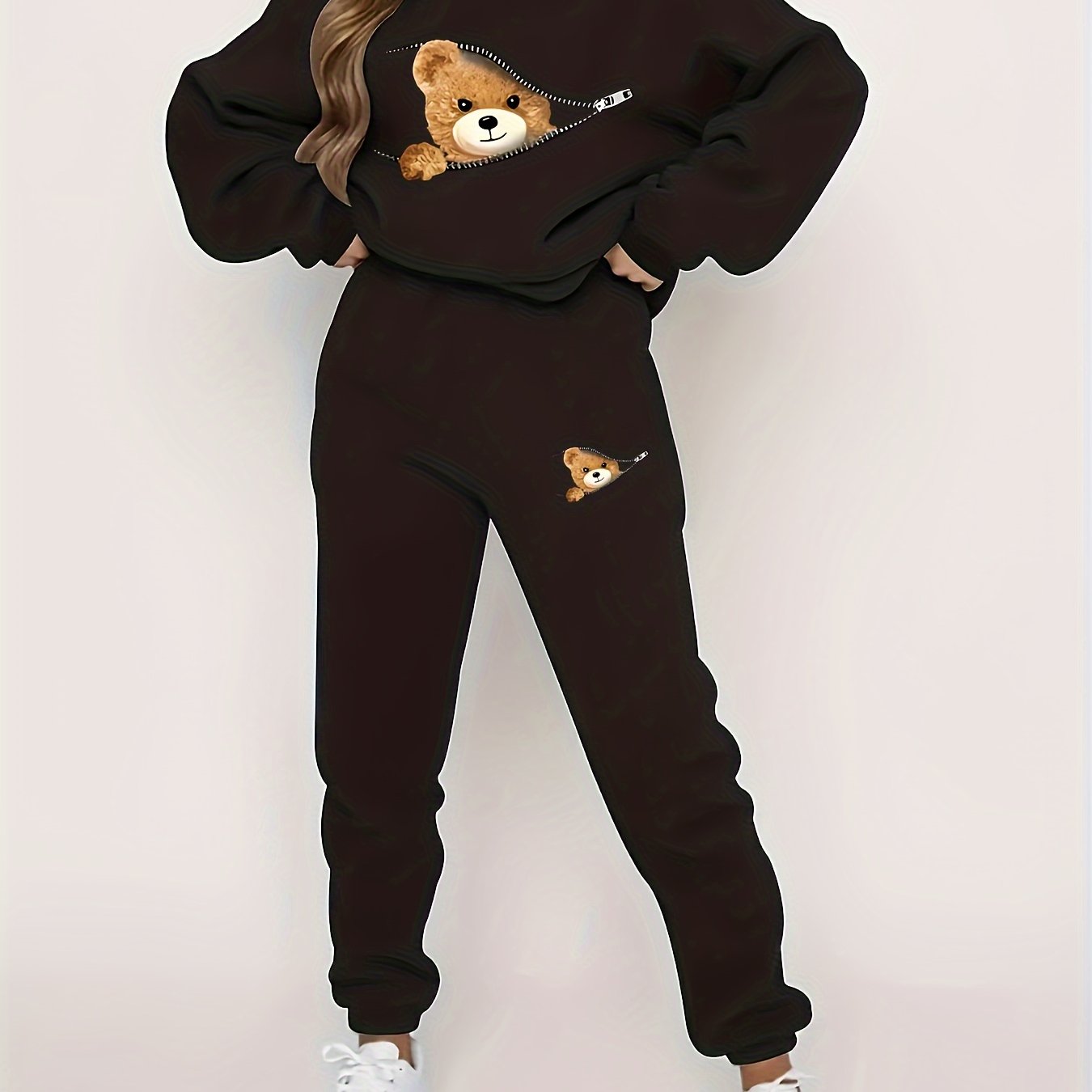 TEMU Conjunto de dos piezas estampado y moderno para otoño e invierno, con sudadera de forro polar de larga casual y pantalones de jogging con cordón