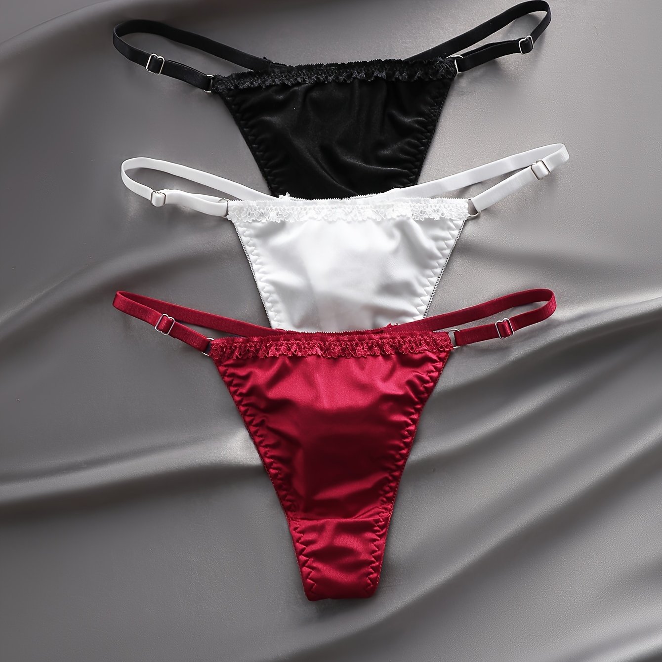 Set Of 3 Women' Thongs With Adjustable Waistband And Lace Trim For A Sexy Low-