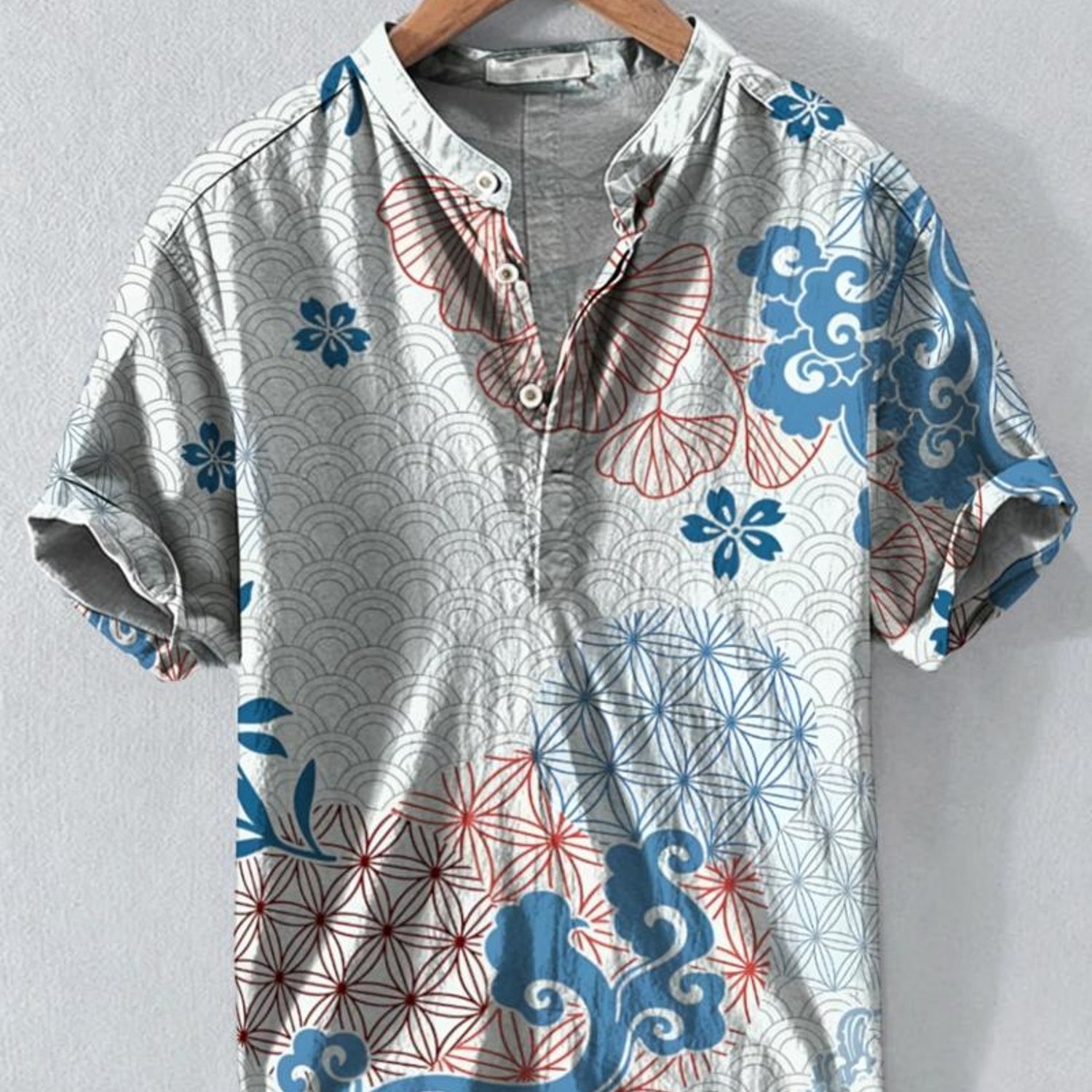 Image of Men's Stand-collar Shirt, Traditional East Asian Pattern (ginkgo, Wave, Cloud-like), Polyester Fabric, Casual Comfortable Outfit, Mixed Color, Multiple Specifications , Fashion Trendy