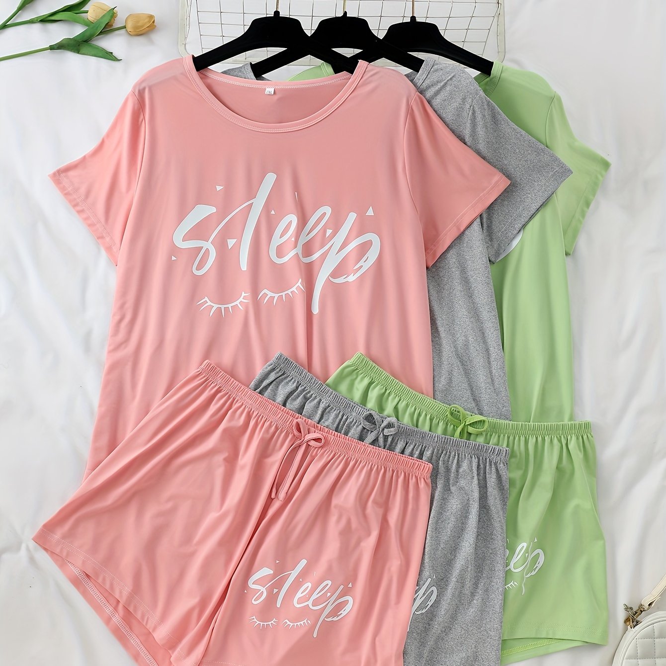 Image of 3pcs Women's Pajama Set, Casual Alphabet Letter Print, Polyester Knit Fabric With Stretch, Fall Season Sleepwear, Color Block Short Sleeve And Shorts Set, Adult Home Loungewear
