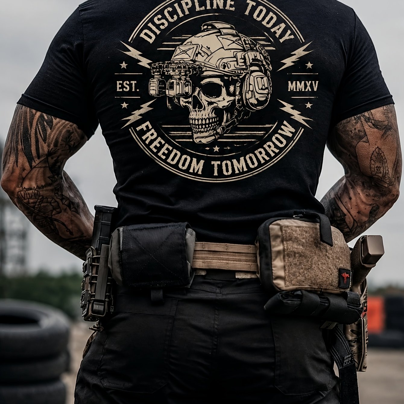 Image of Men's Short Sleeve Tactical Skull Graphic T-shirt, Urban Casual Tee For Daily Wear, Streetwear And Outdoor Activities