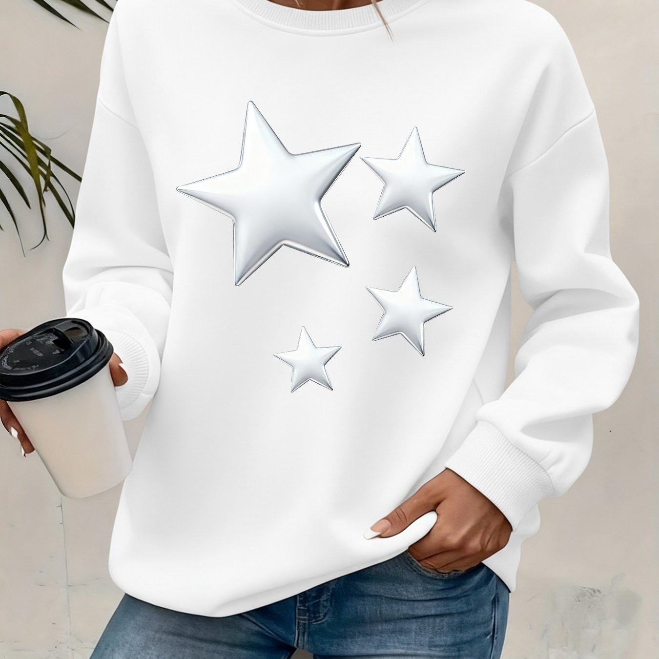 TEMU Women's Stylish Round-neck Sweatshirt, Featuring A Printed Design, Perfect For Autumn And Winter With Added Fleece